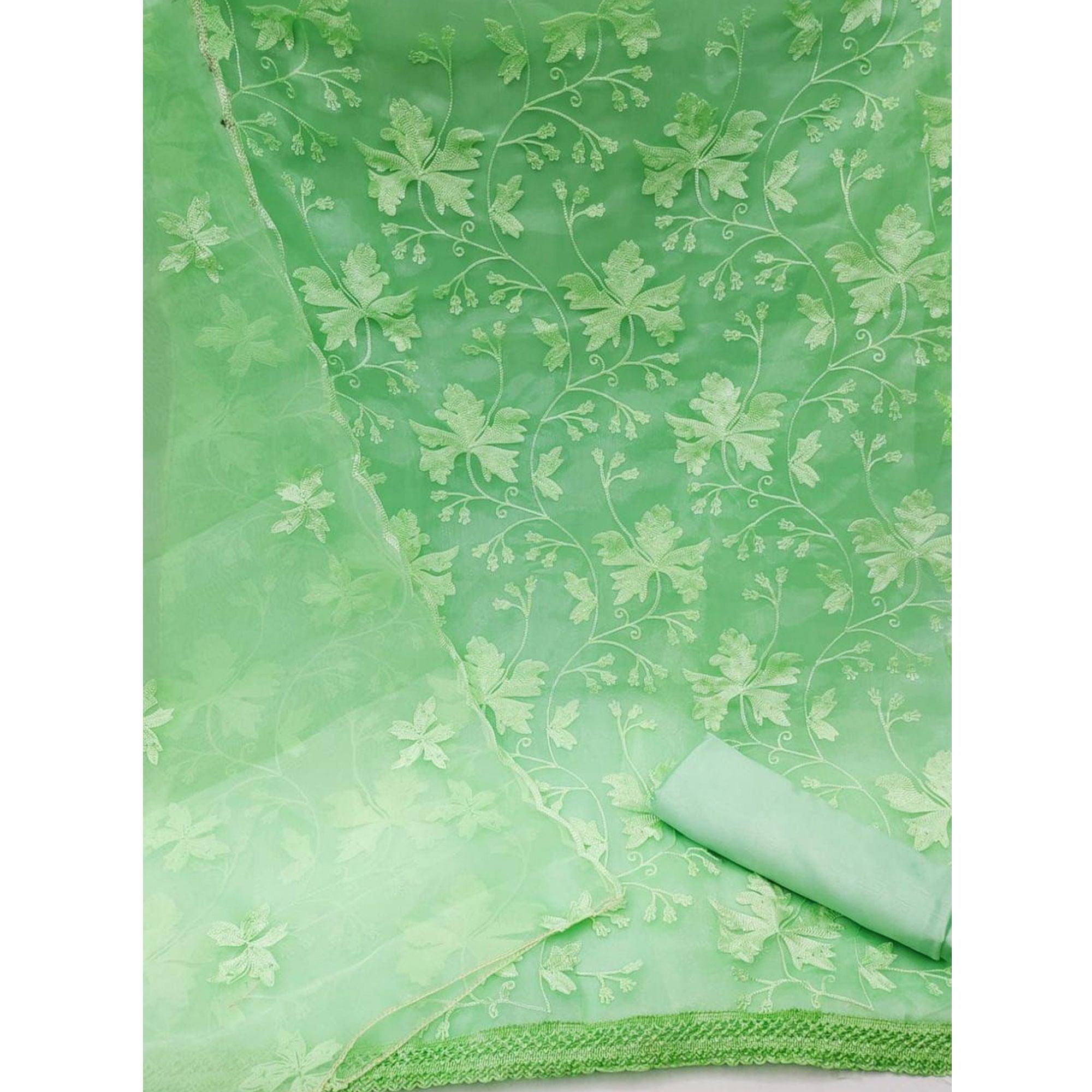 Pista Green Embroidered Organza Dress Material - Peachmode