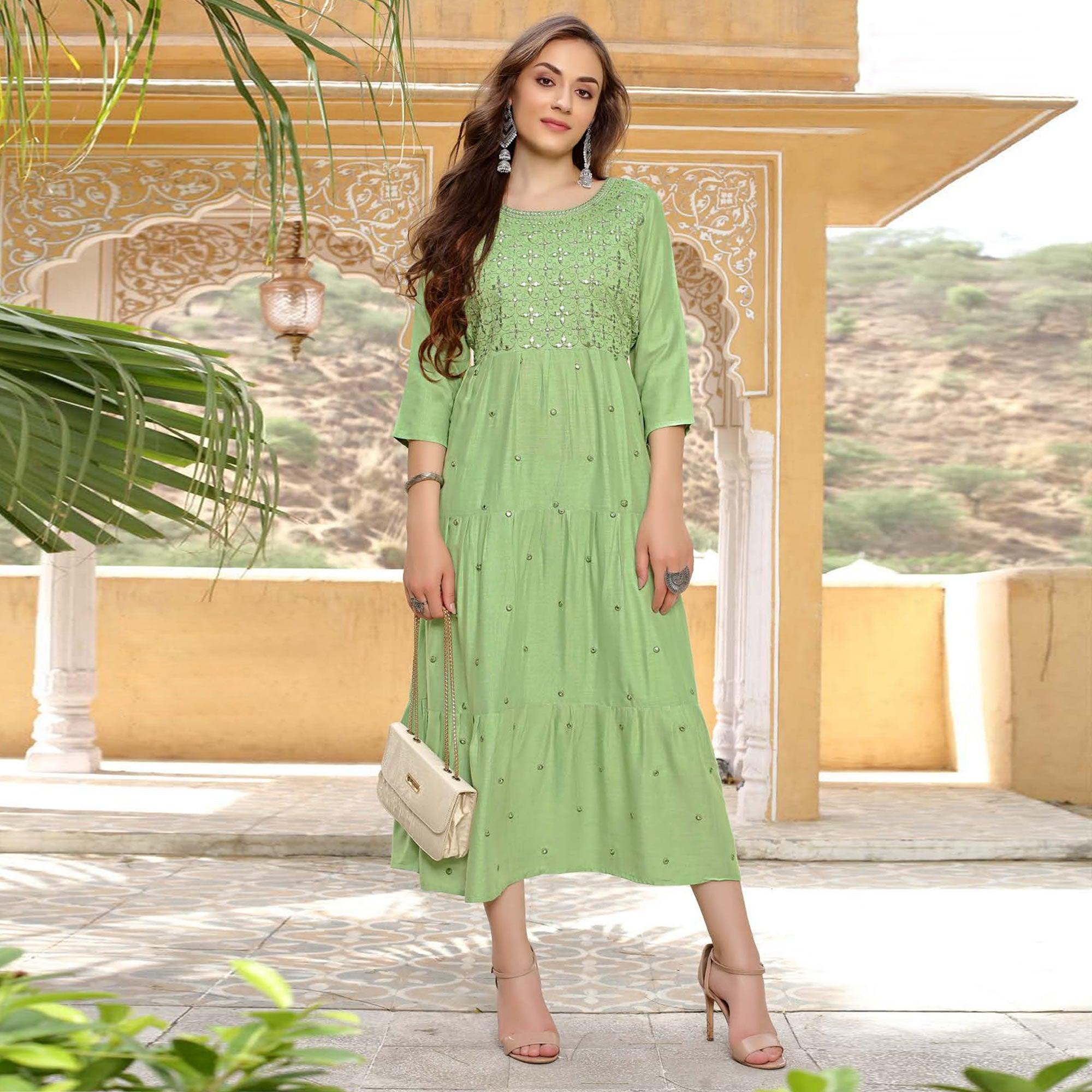 Pista Green Embroidered Poly Cotton Kurti - Peachmode