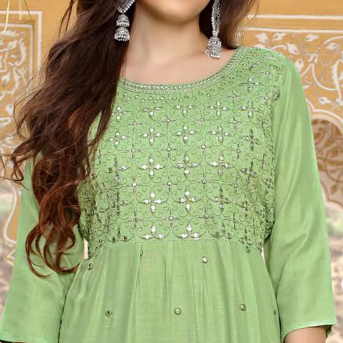 Pista Green Embroidered Poly Cotton Kurti - Peachmode