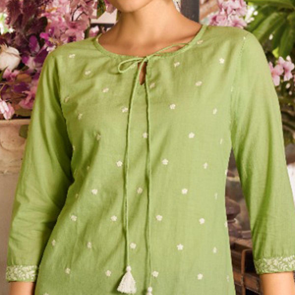 Pista Green Embroidered Pure Cotton Top - Peachmode