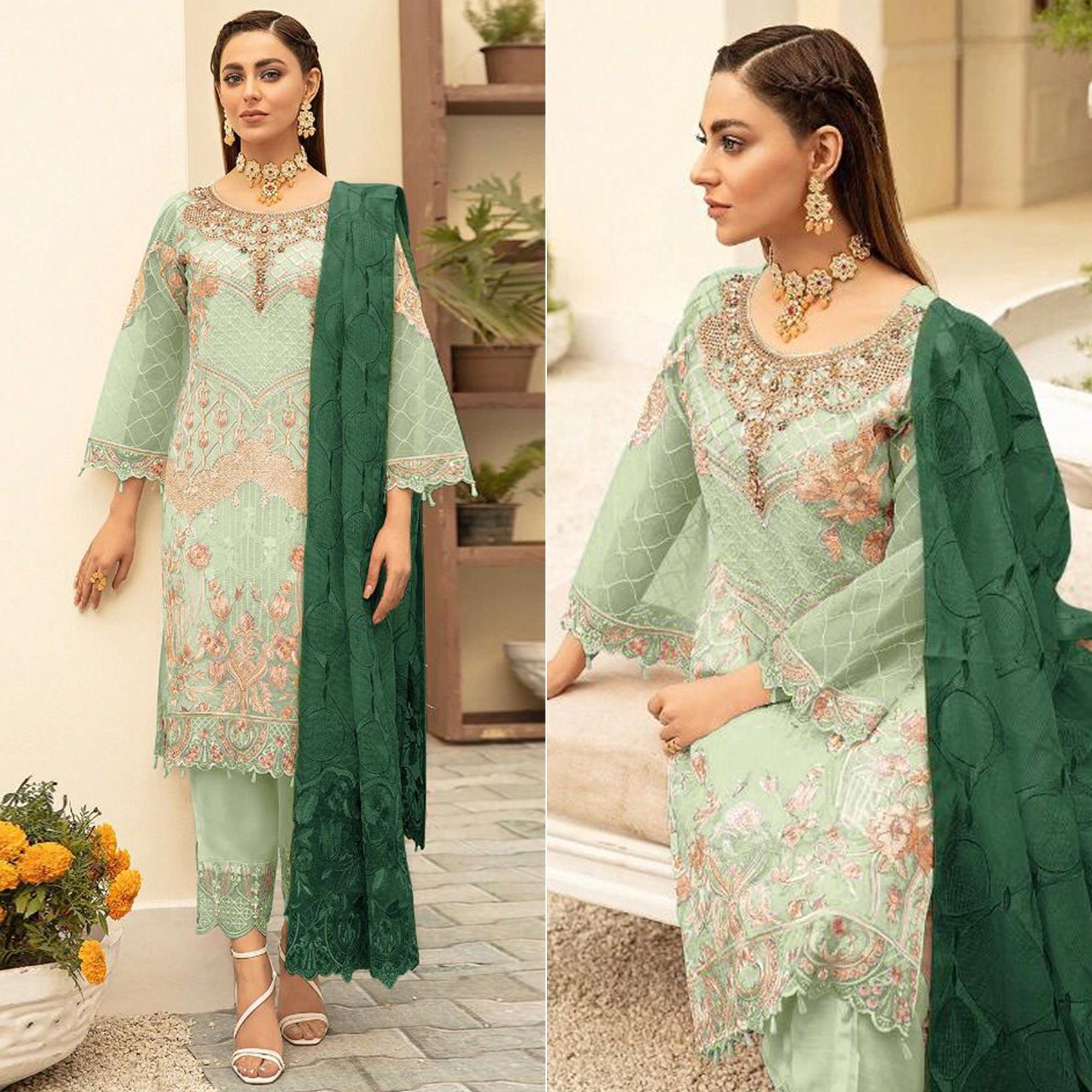 Pista Green Embroidered With Embellished Georgette Pakistani Suit - Peachmode