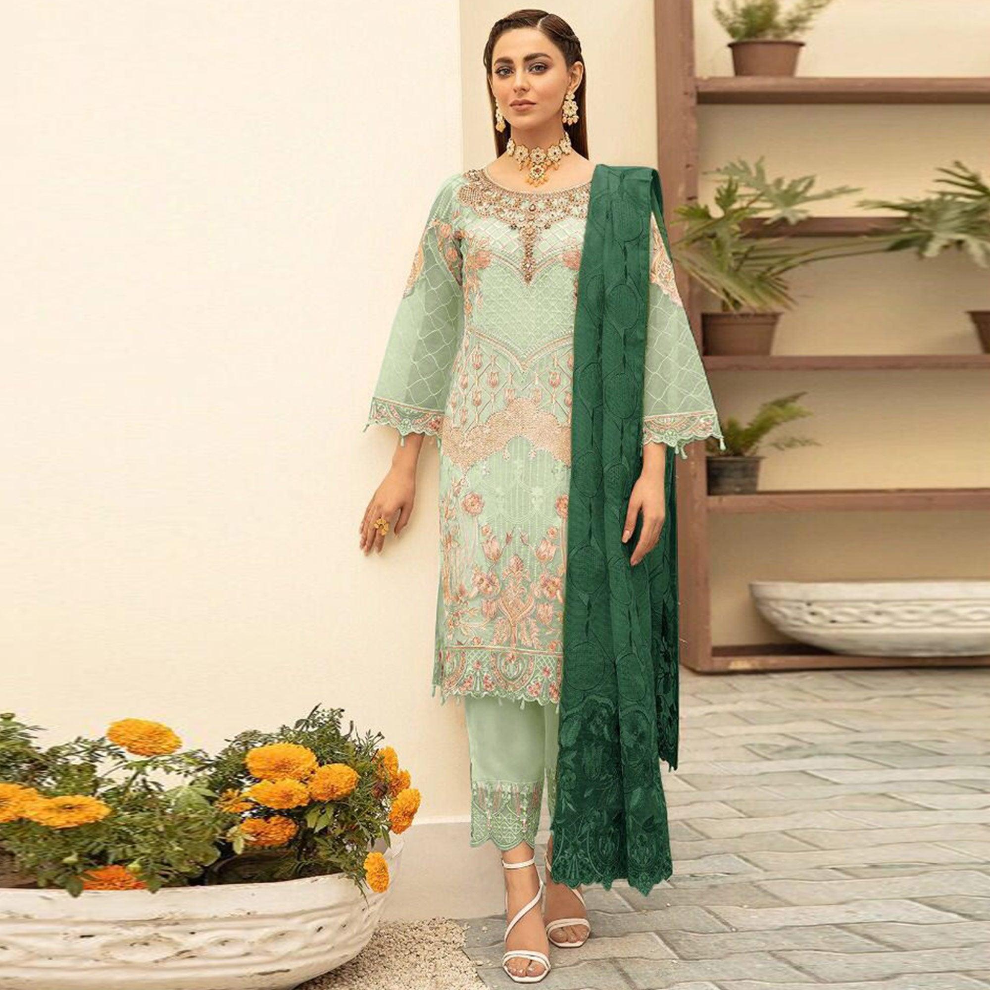 Pista Green Embroidered With Embellished Georgette Pakistani Suit - Peachmode