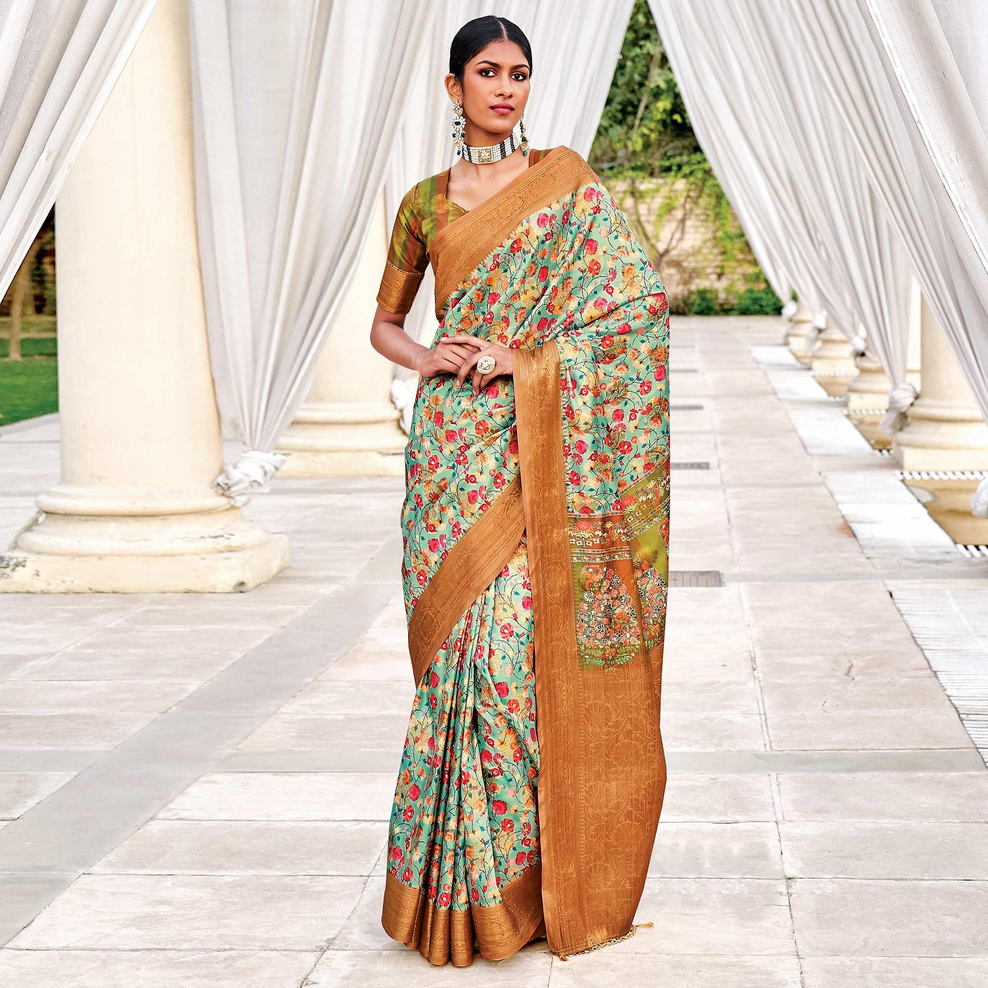 Pista Green Festive Wear Digital Printed Woven Silk Saree - Peachmode