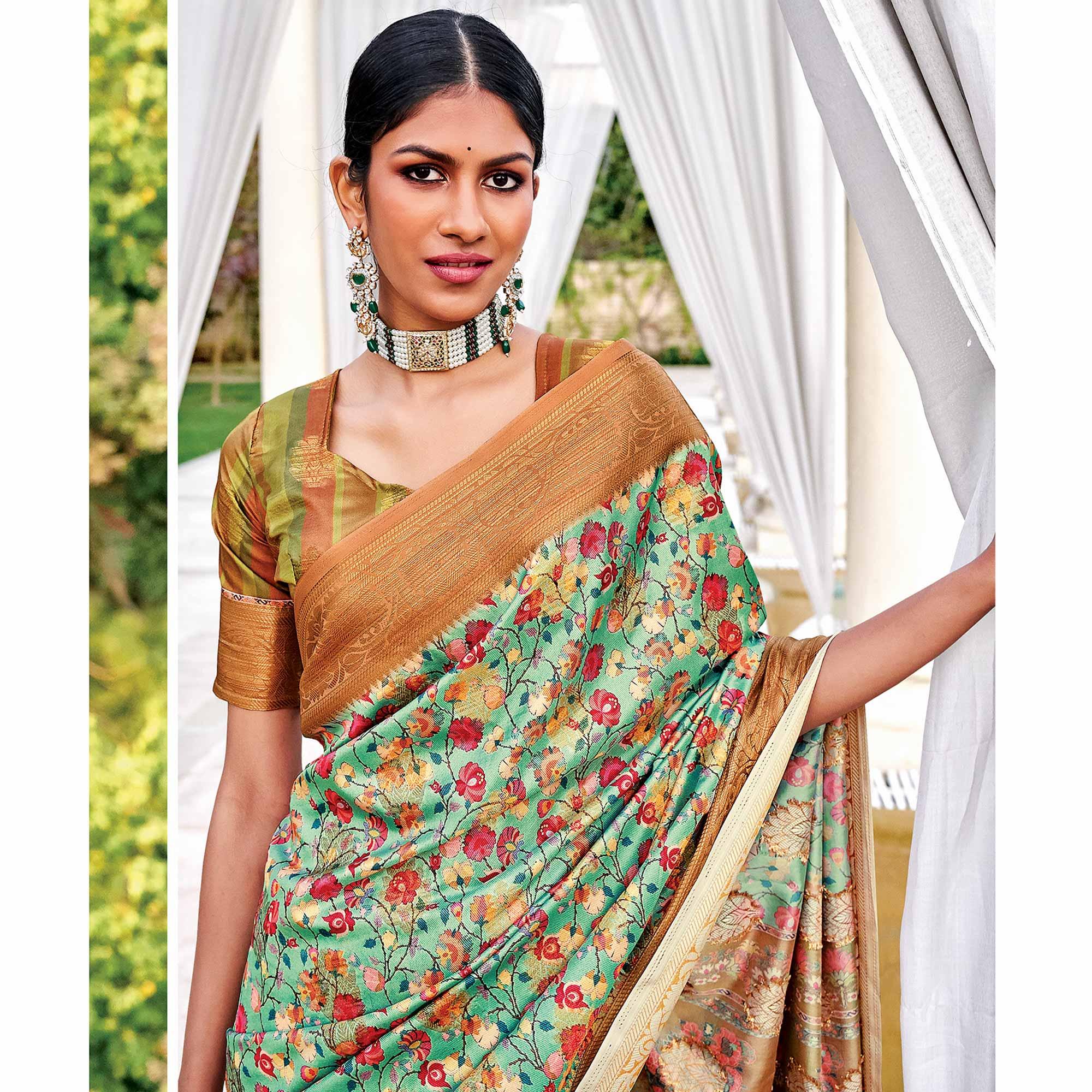 Pista Green Festive Wear Digital Printed Woven Silk Saree - Peachmode