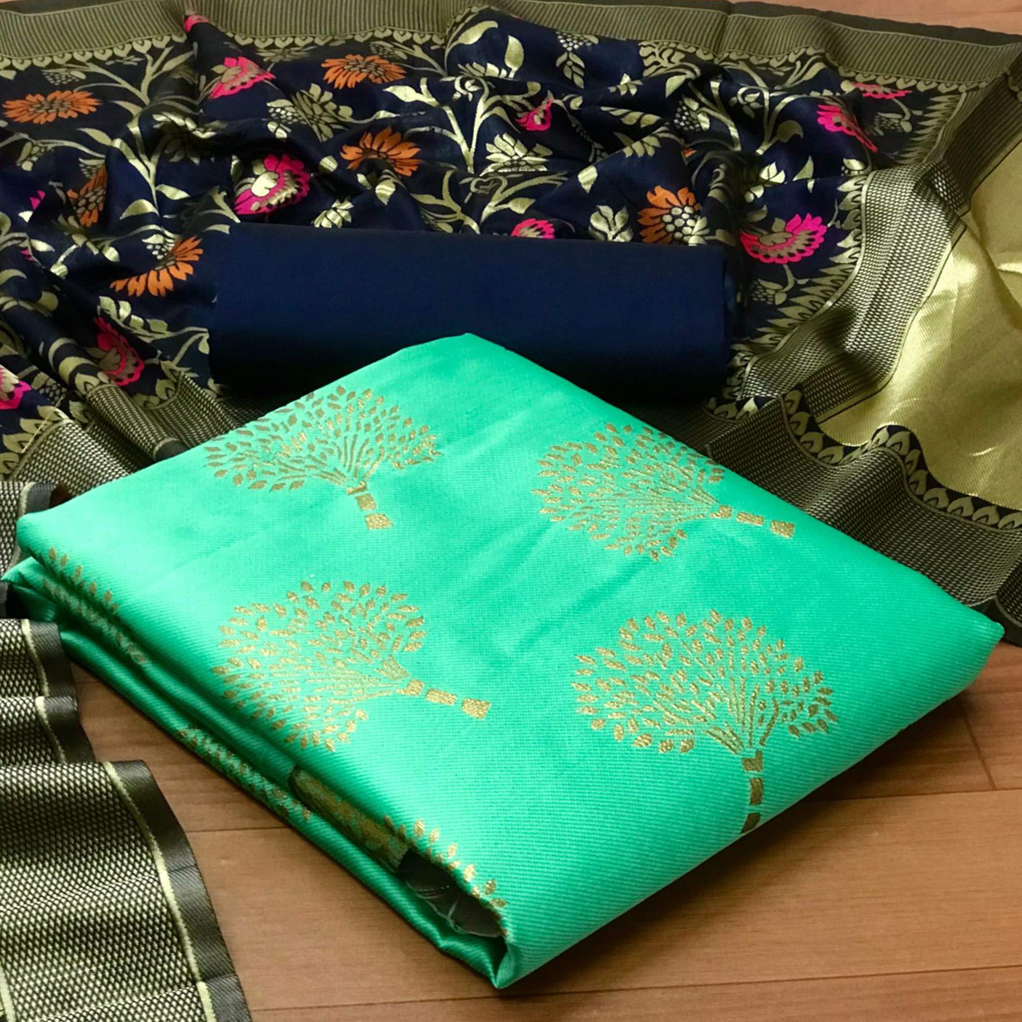 Pista Green Festive Wear Embroidered Banarasi Silk Dress Material - Peachmode