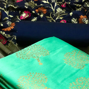 Pista Green Festive Wear Embroidered Banarasi Silk Dress Material - Peachmode