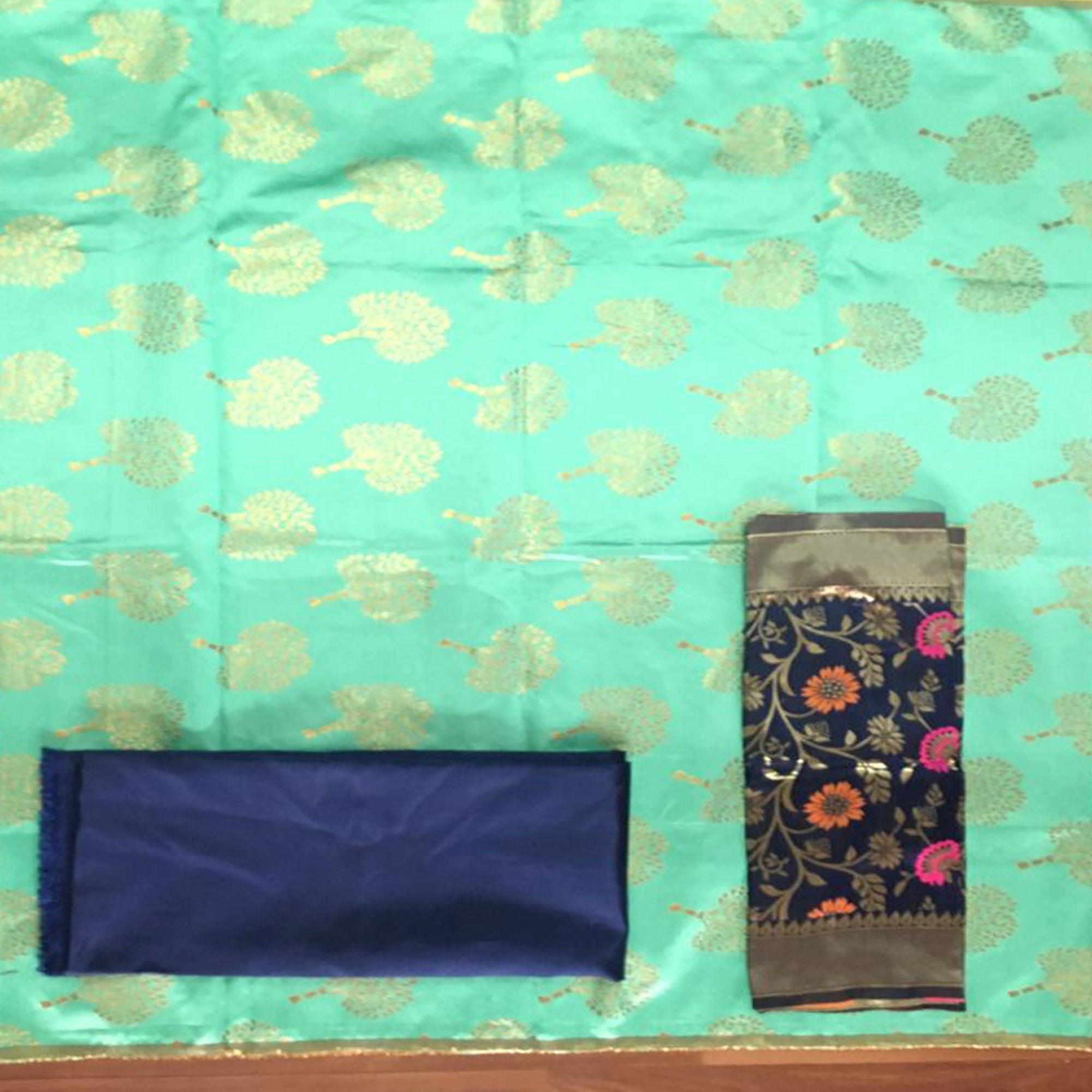 Pista Green Festive Wear Embroidered Banarasi Silk Dress Material - Peachmode