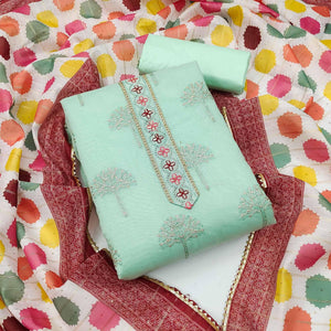 Pista Green Festive Wear Embroidered Chanderi Dress Material - Peachmode