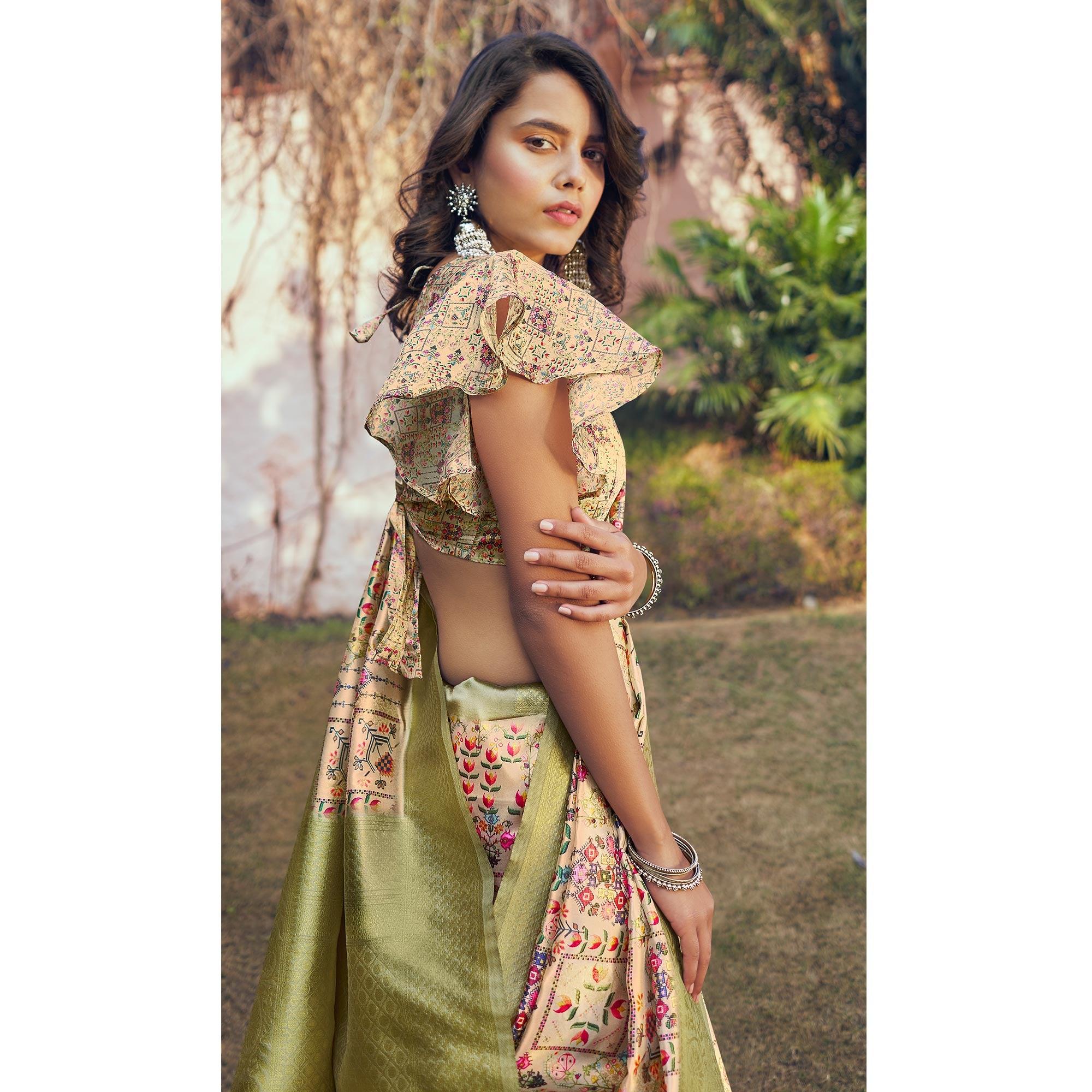 Pista Green Festive Wear Floral Digital Printed Woven Silk Saree - Peachmode