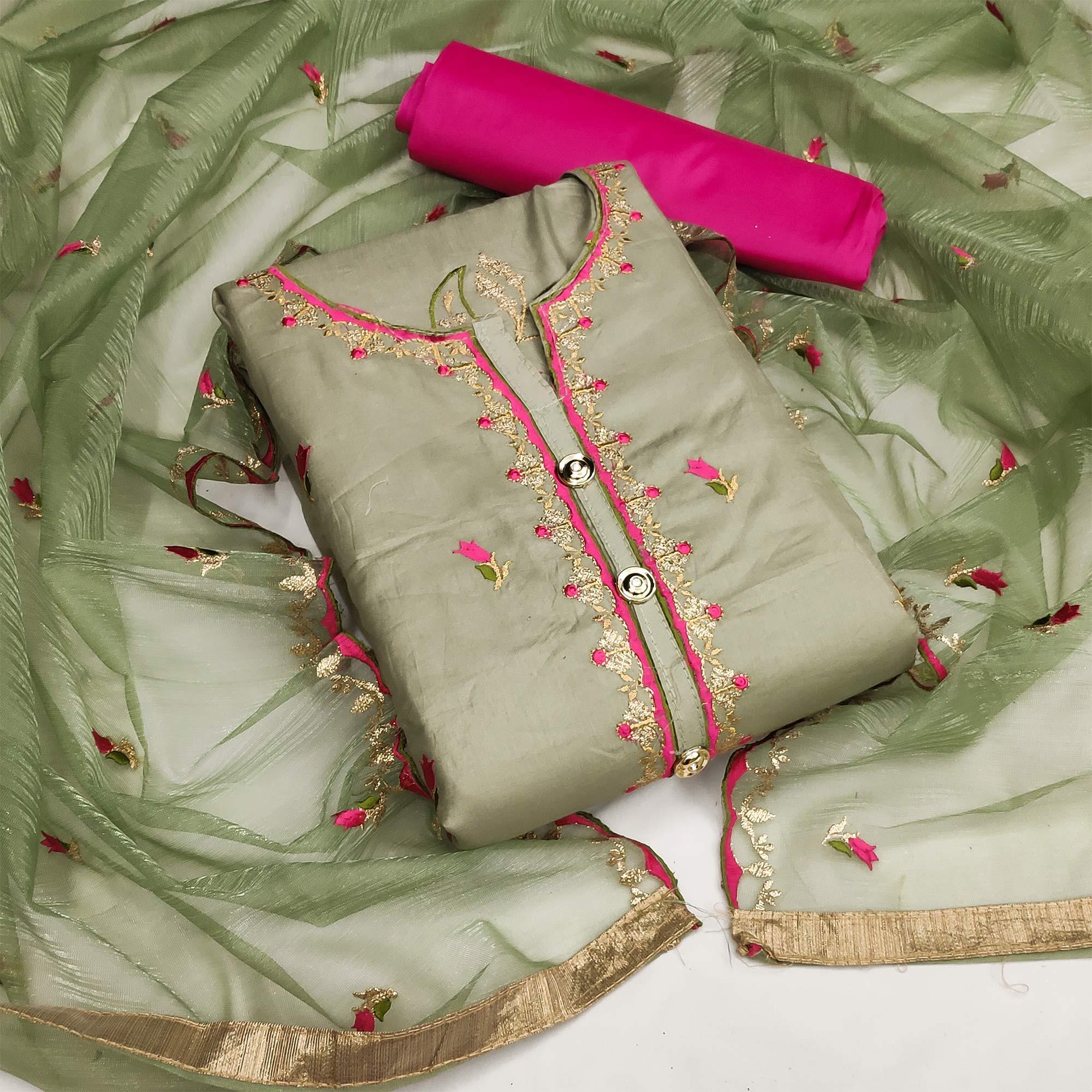 Pista Green Festive Wear Floral Embroidered Cotton Dress Material - Peachmode