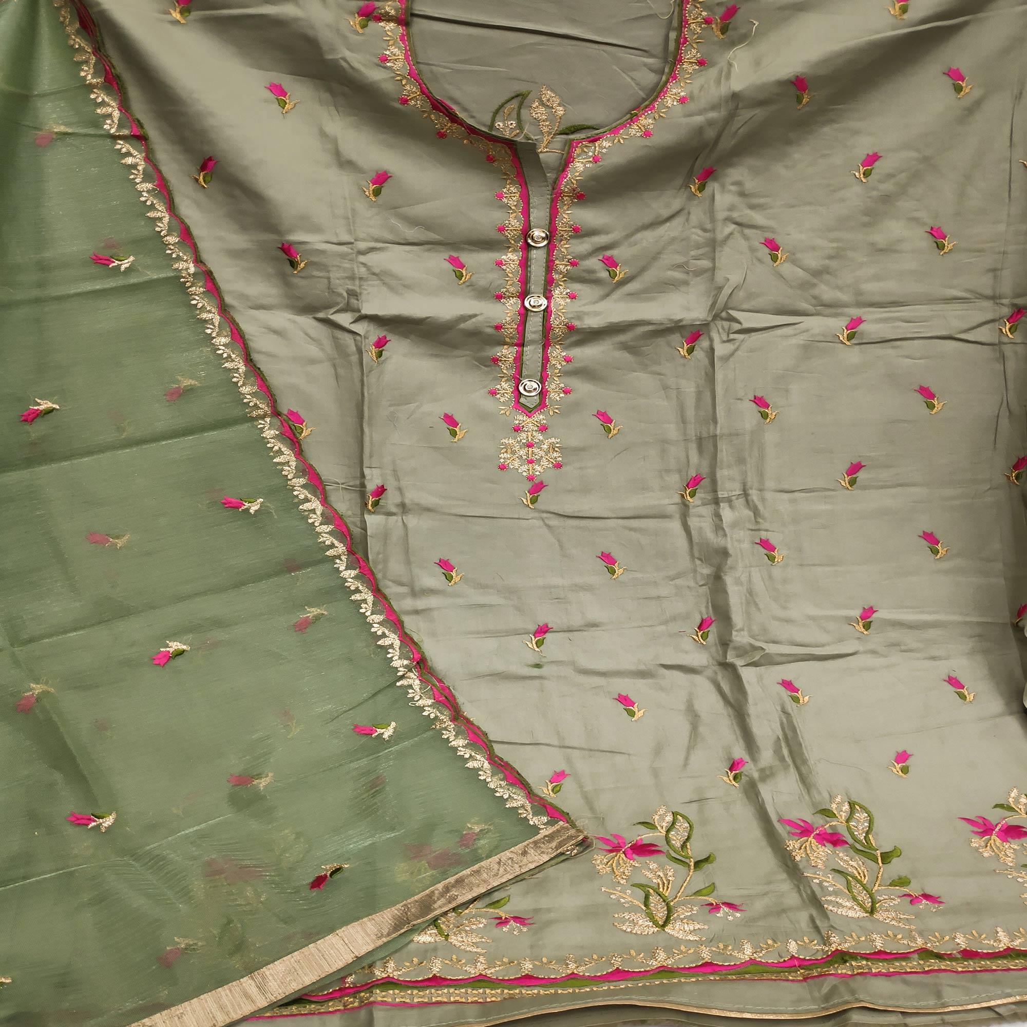 Pista Green Festive Wear Floral Embroidered Cotton Dress Material - Peachmode