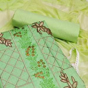 Pista Green Festive Wear Floral Embroidered Cotton Dress Material - Peachmode