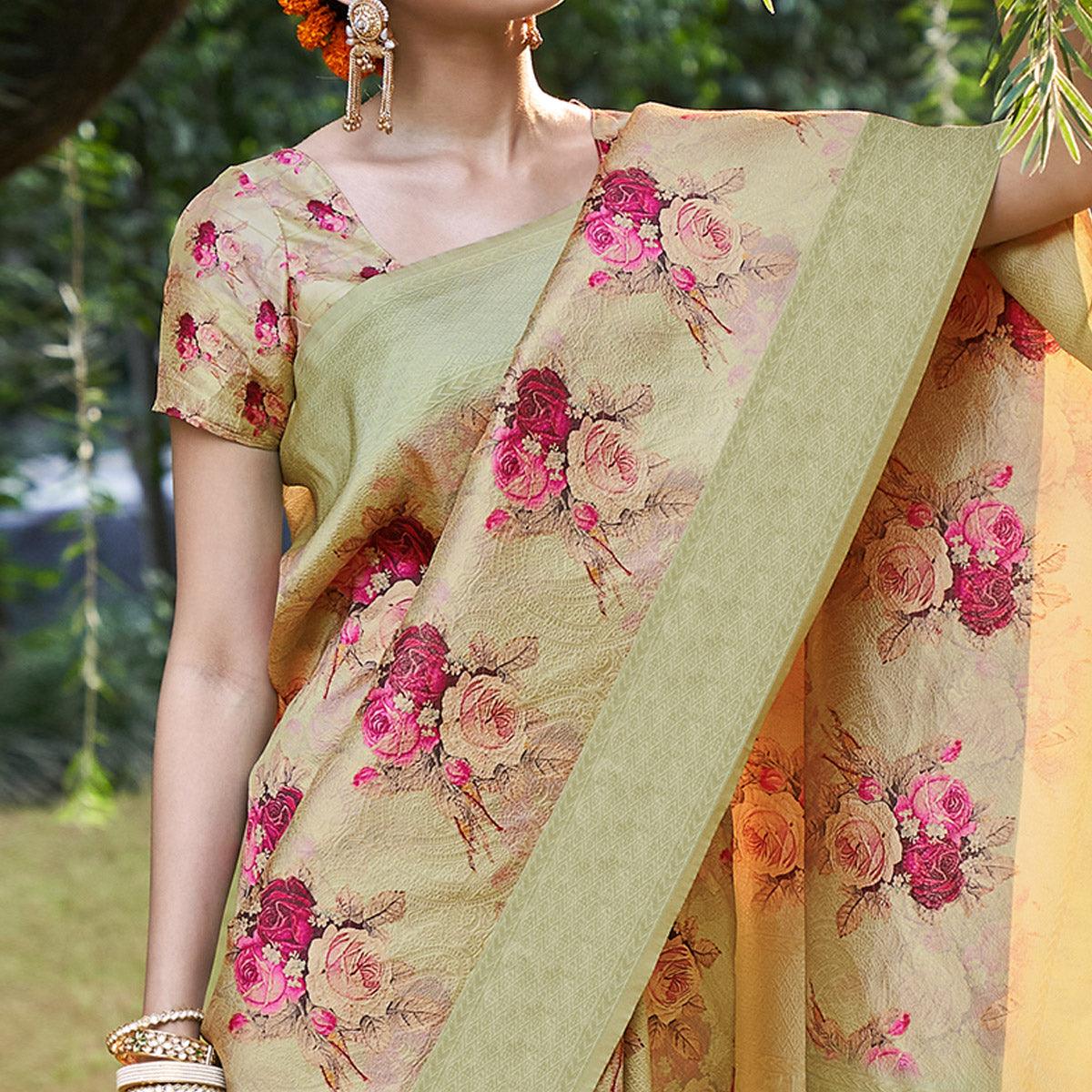Pista green Festive Wear Floral Printed Silk Saree With Woven Border - Peachmode