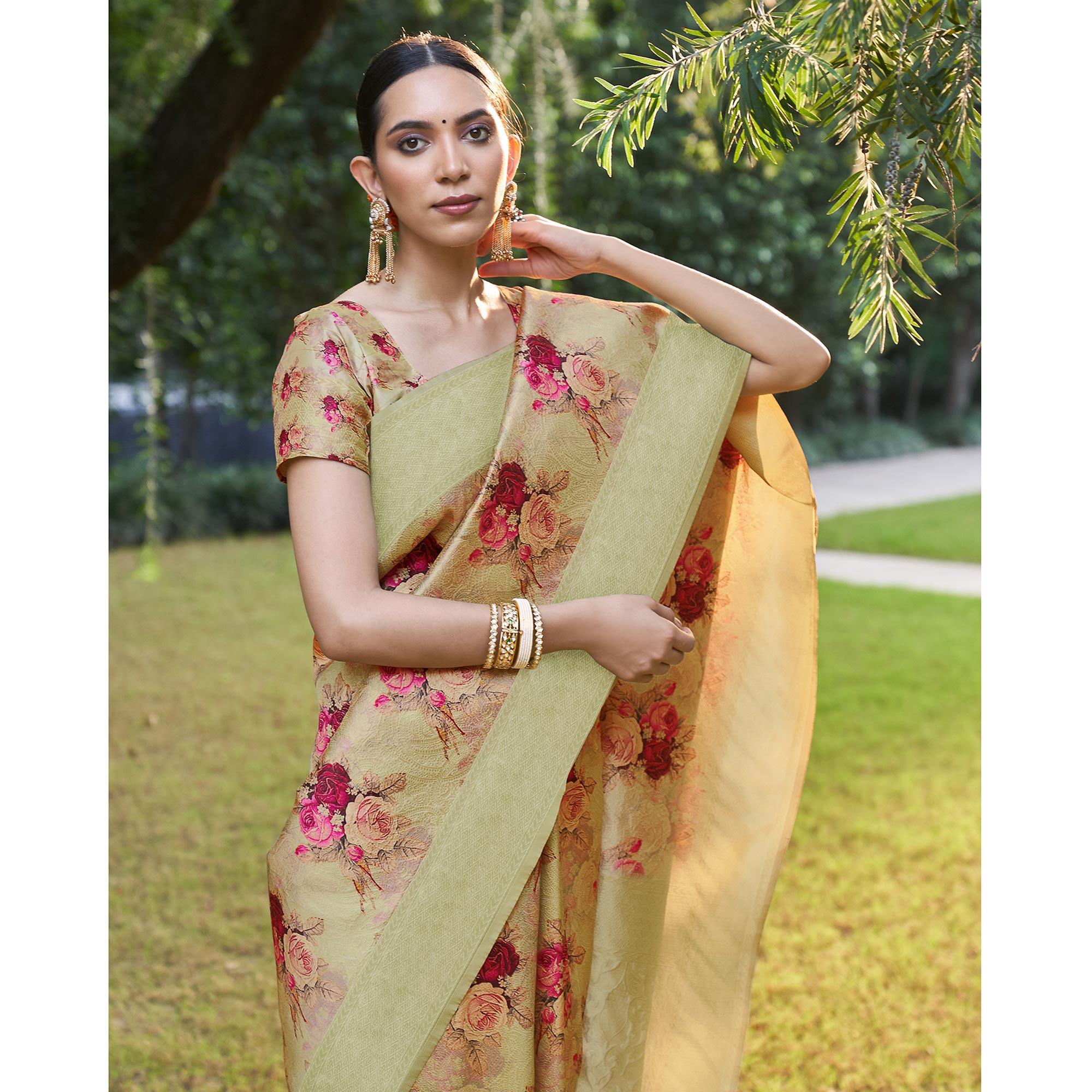 Pista green Festive Wear Floral Printed Silk Saree With Woven Border - Peachmode