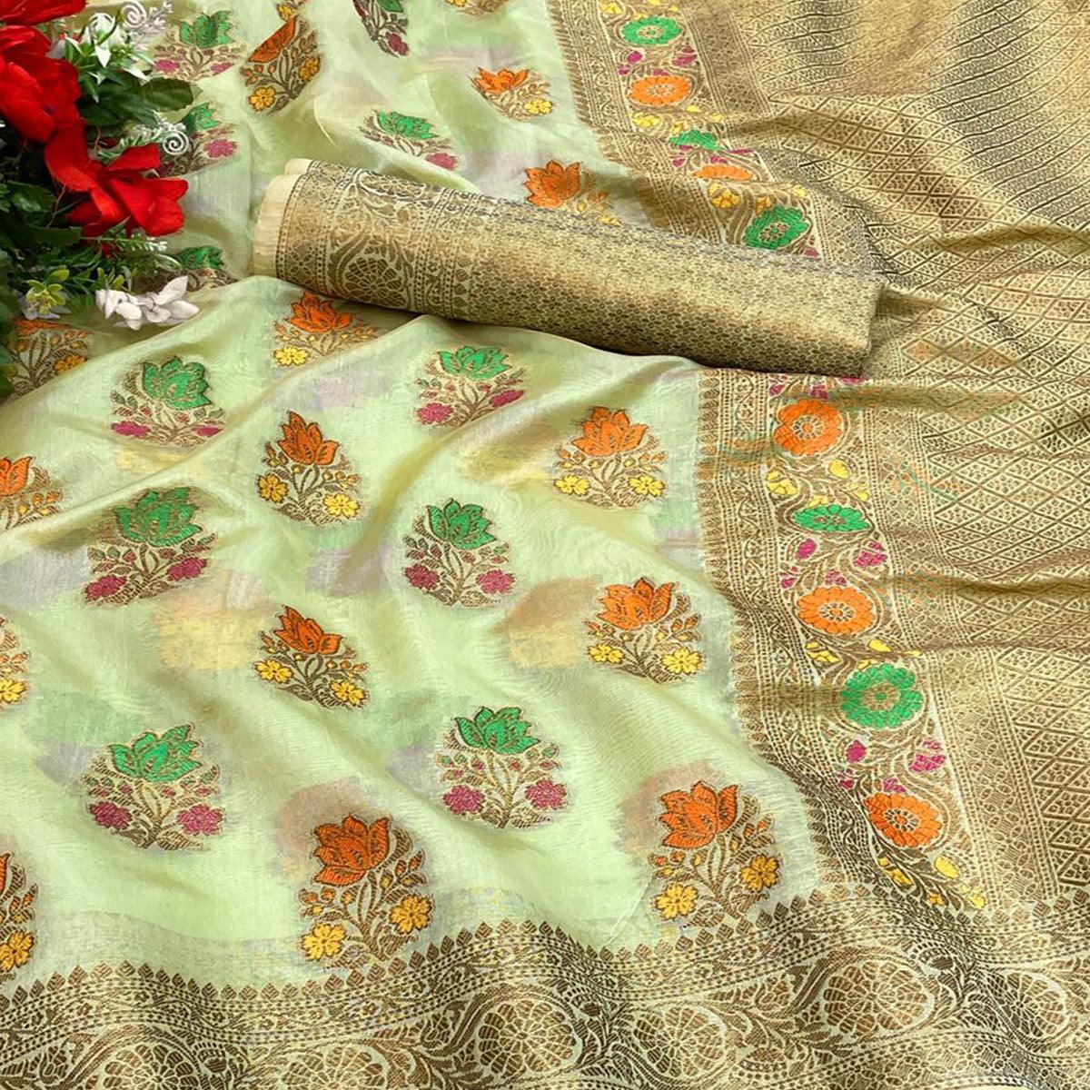 Pista Green Festive Wear Floral Woven Pure Soft Organza Saree - Peachmode