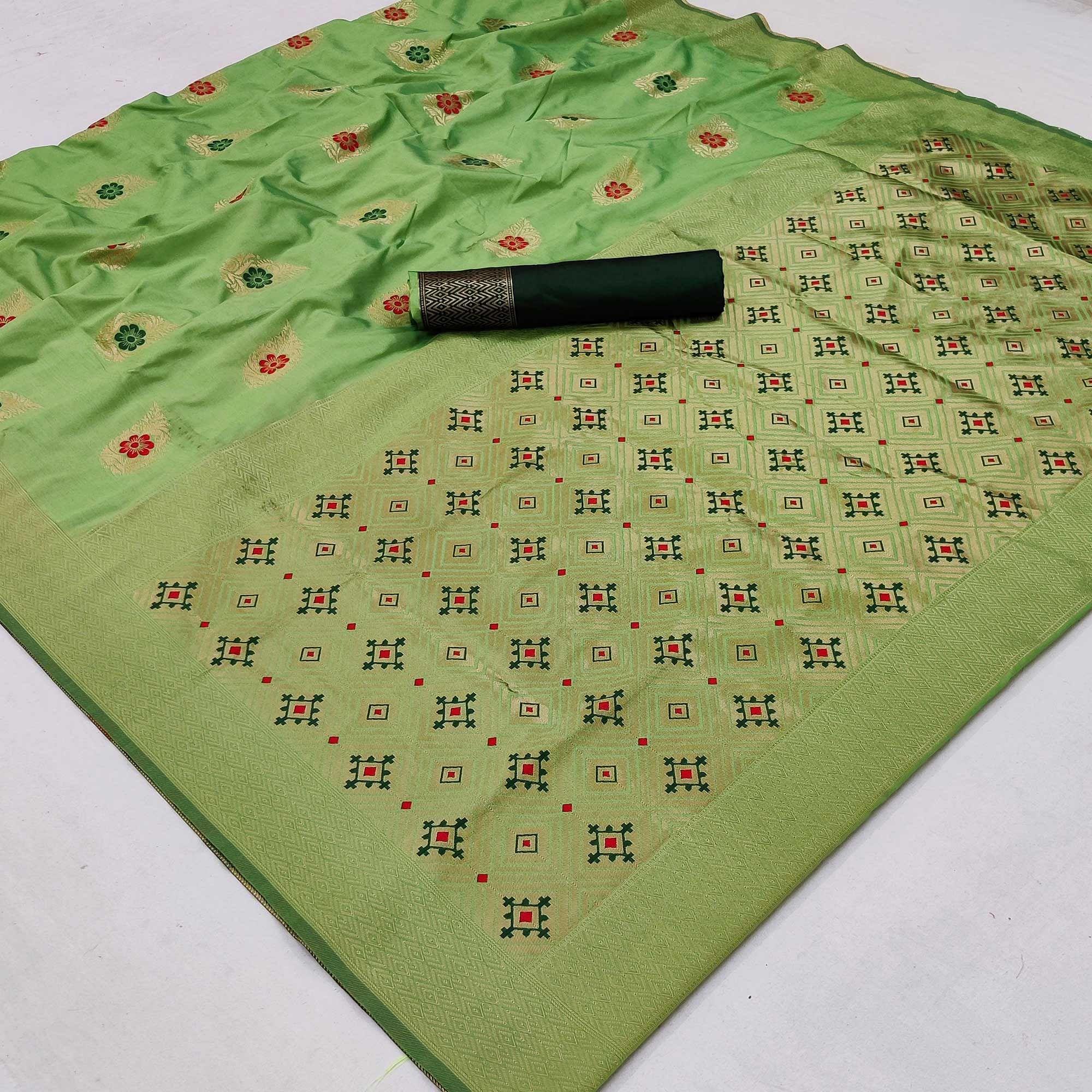 Pista Green Festive Wear Floral Woven Soft Silk Banarasi Saree - Peachmode