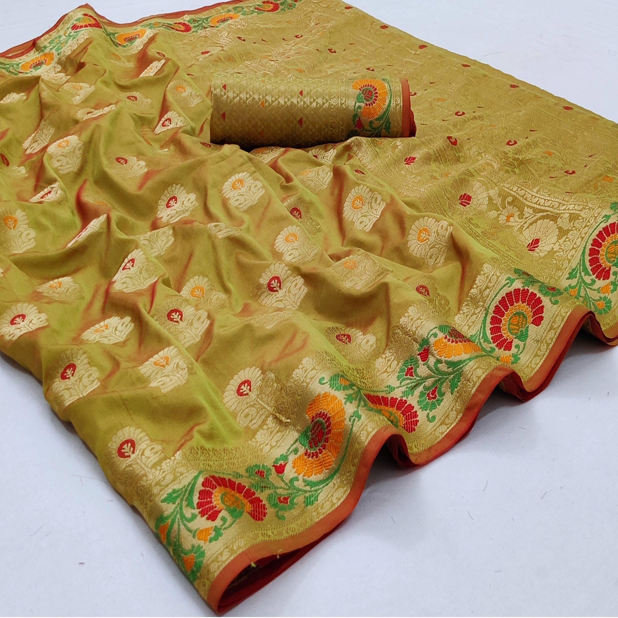 Pista Green Festive Wear Floral Woven Soft Silk Saree - Peachmode