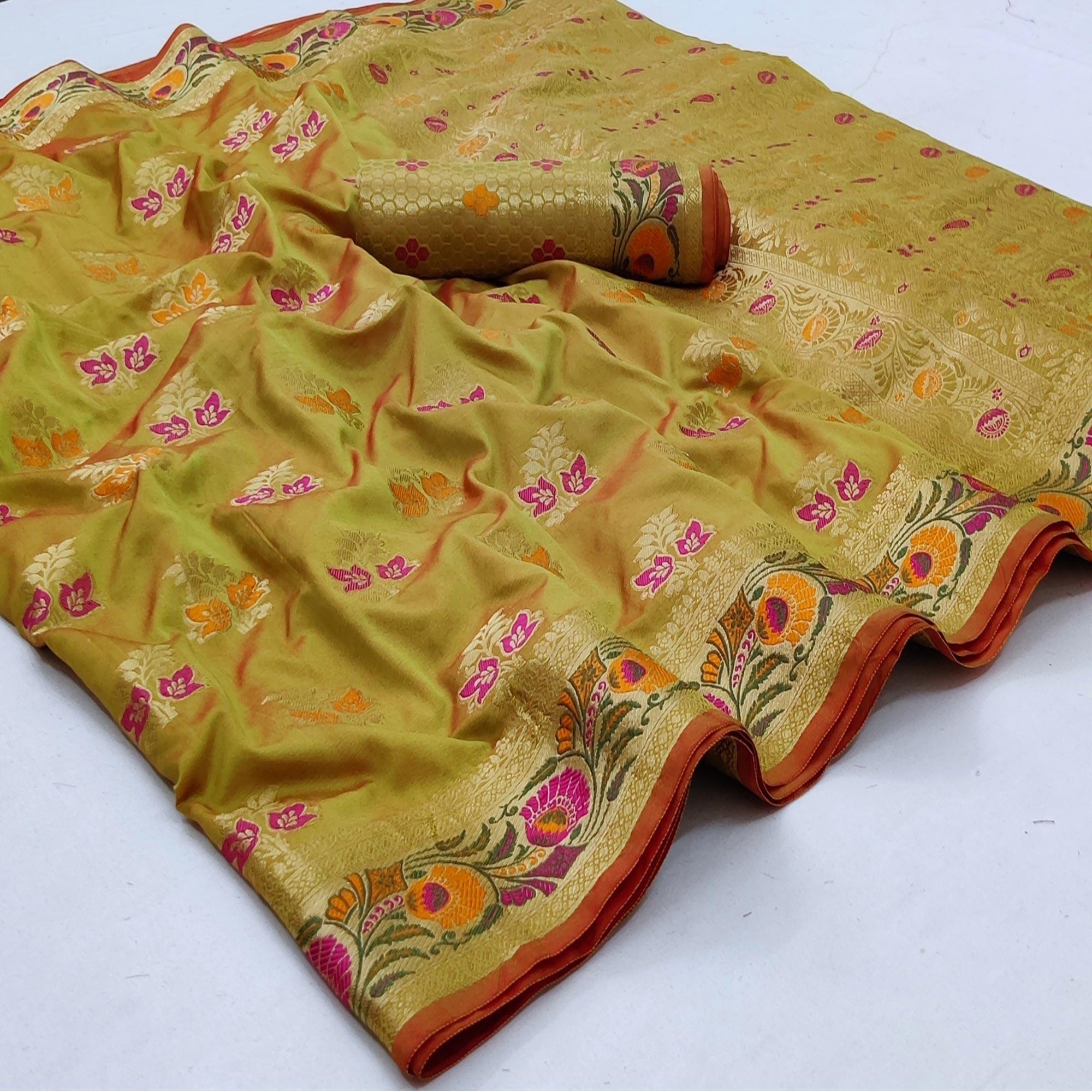 Pista Green Festive Wear Floral Woven Soft Silk Saree - Peachmode