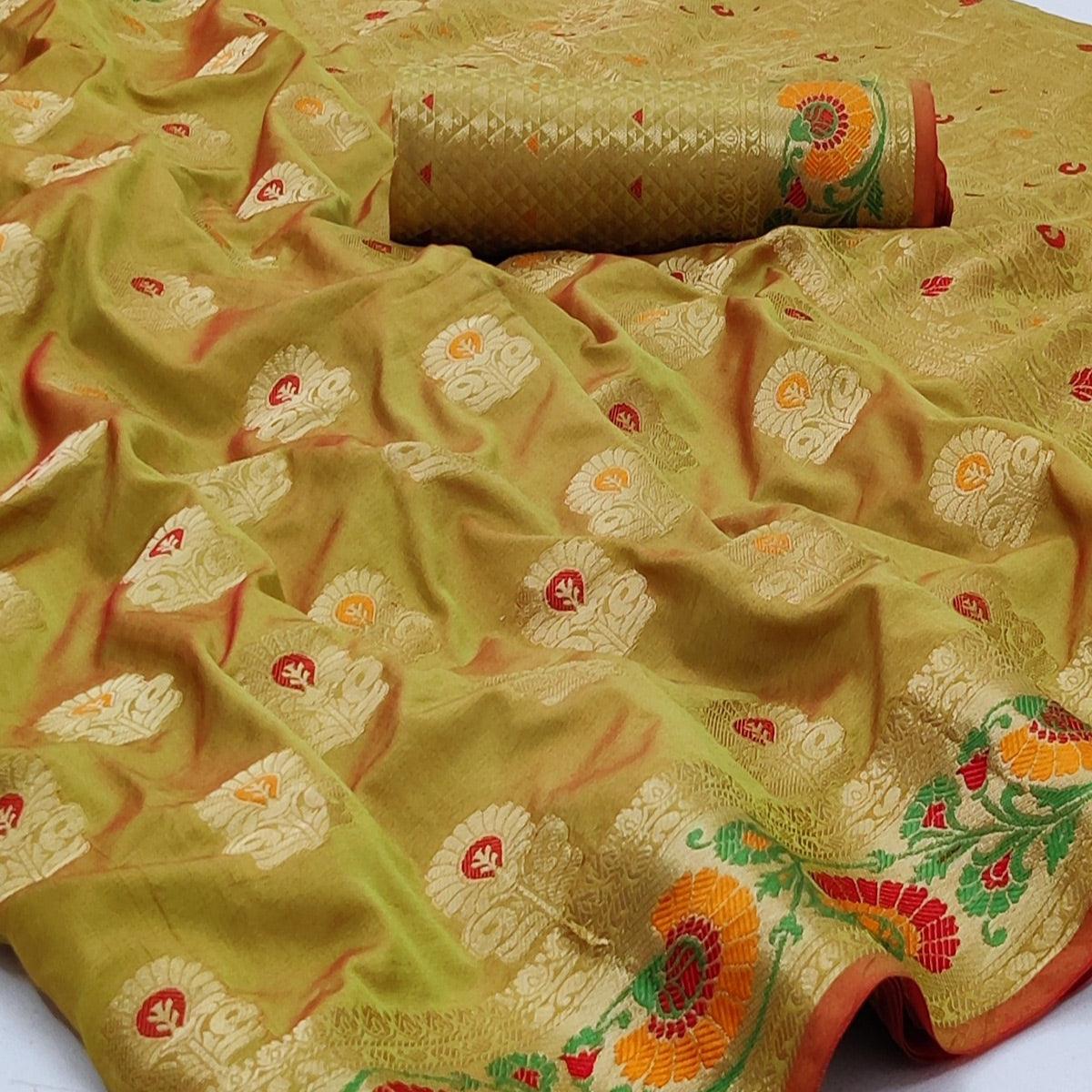 Pista Green Festive Wear Floral Woven Soft Silk Saree - Peachmode