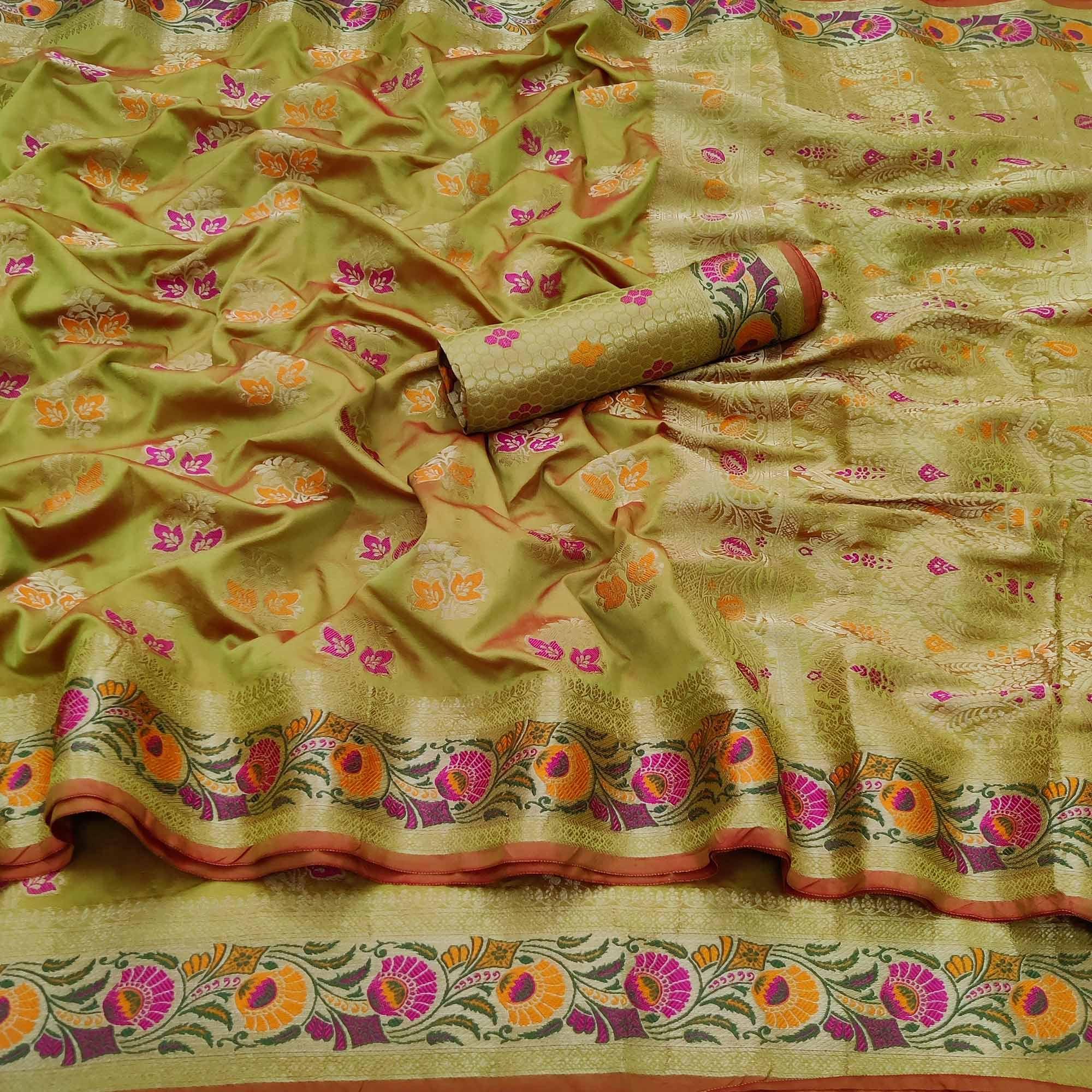 Pista Green Festive Wear Floral Woven Soft Silk Saree - Peachmode