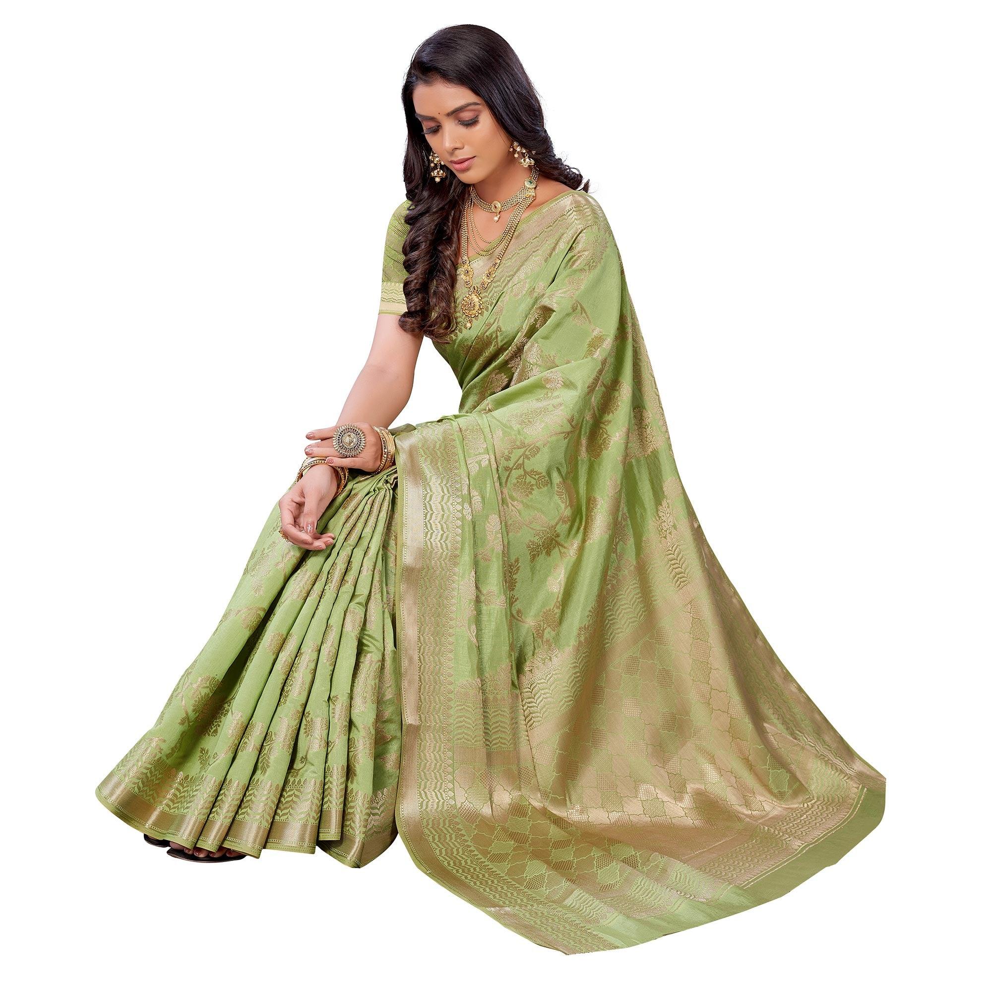 Pista Green Festive Wear Woven Art Silk Saree - Peachmode