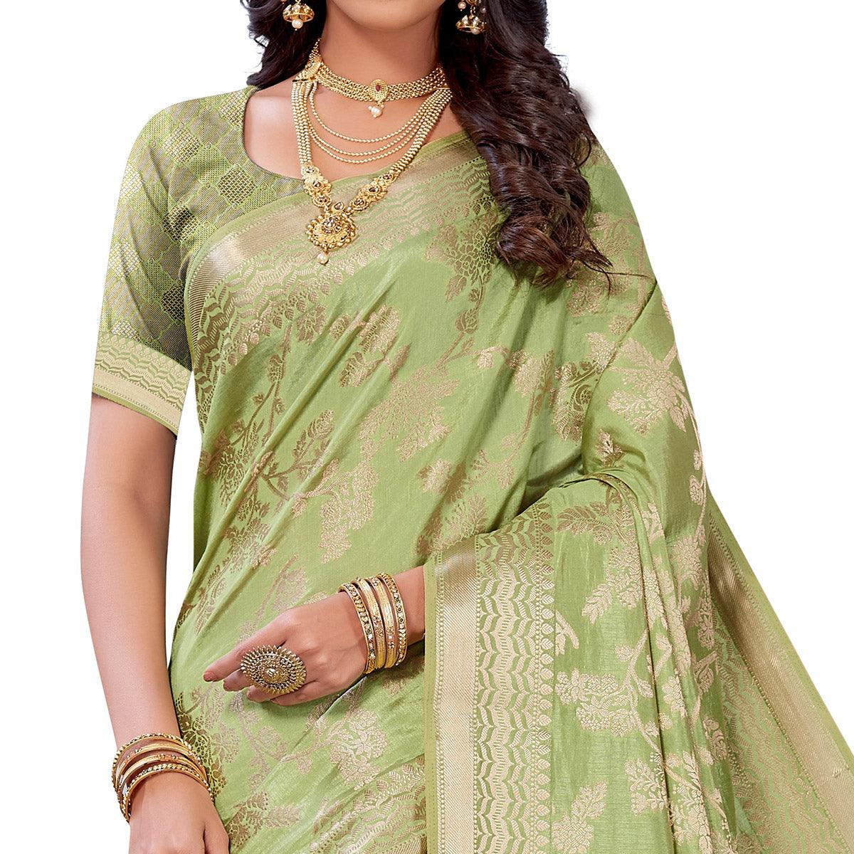 Pista Green Festive Wear Woven Art Silk Saree - Peachmode