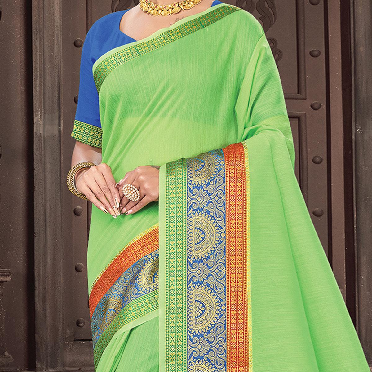Pista Green Festive Wear Woven Cotton Handloom Saree - Peachmode