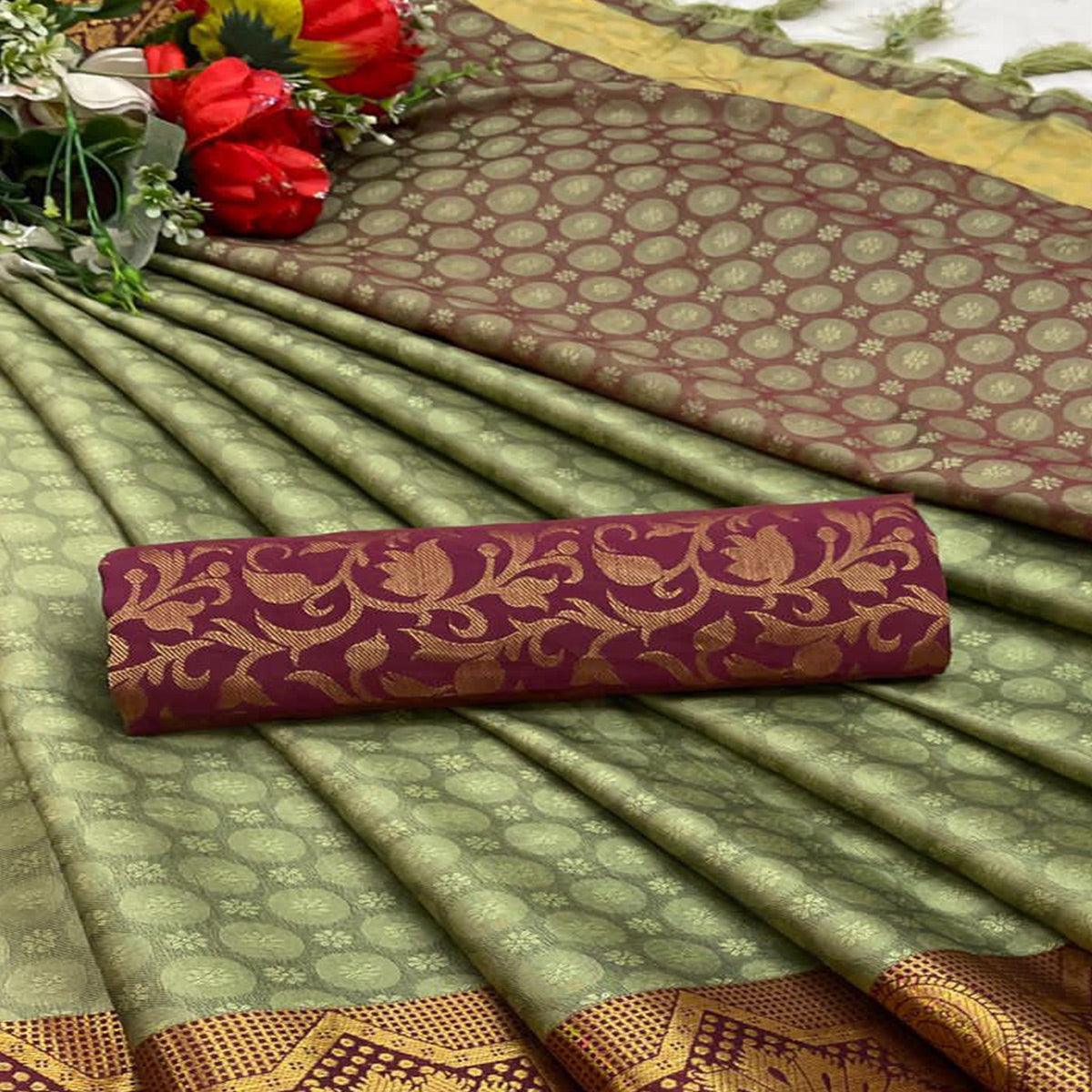 Pista Green Festive Wear Woven Cotton Silk Saree - Peachmode
