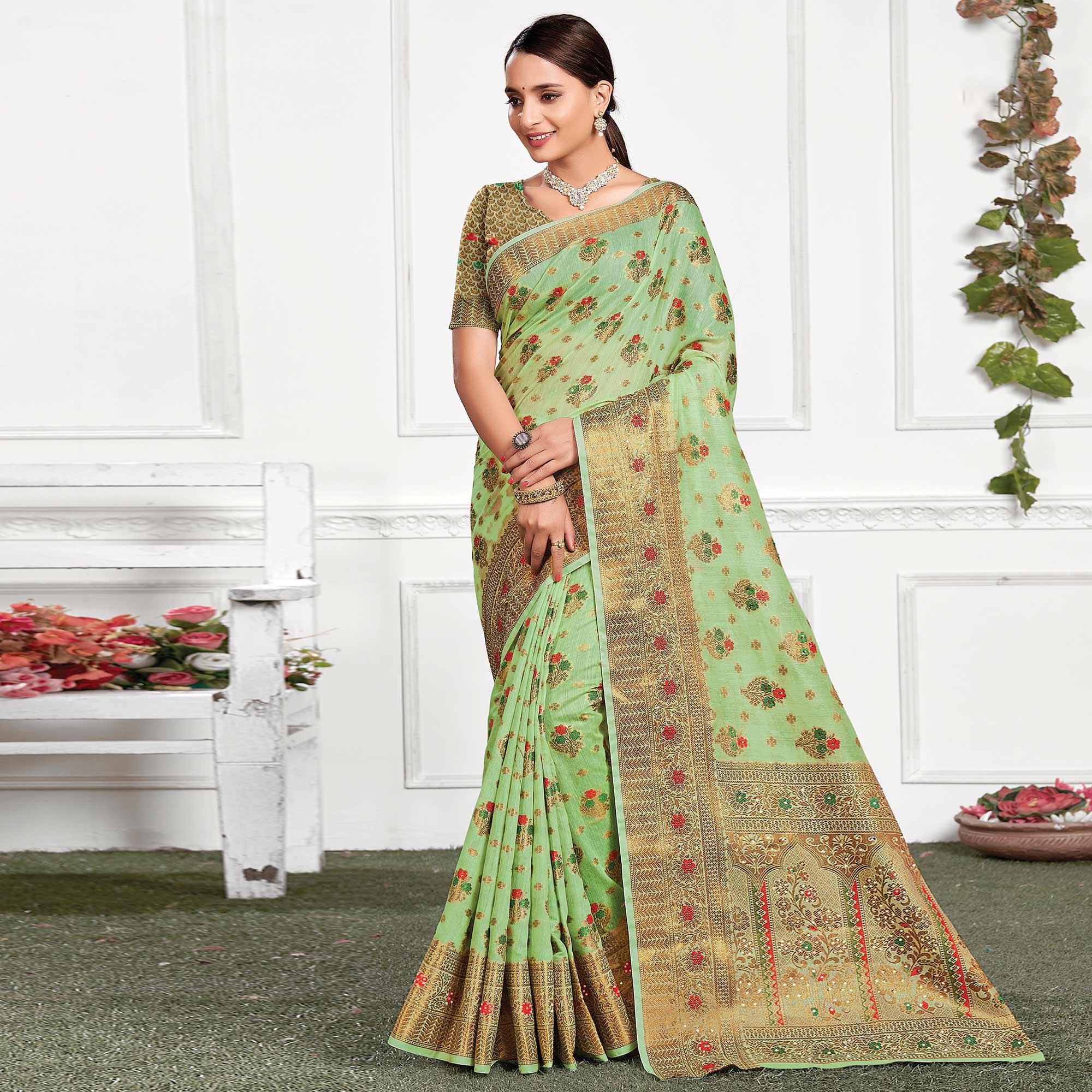 Pista Green Festive Wear Woven-Embellished Cotton Saree - Peachmode