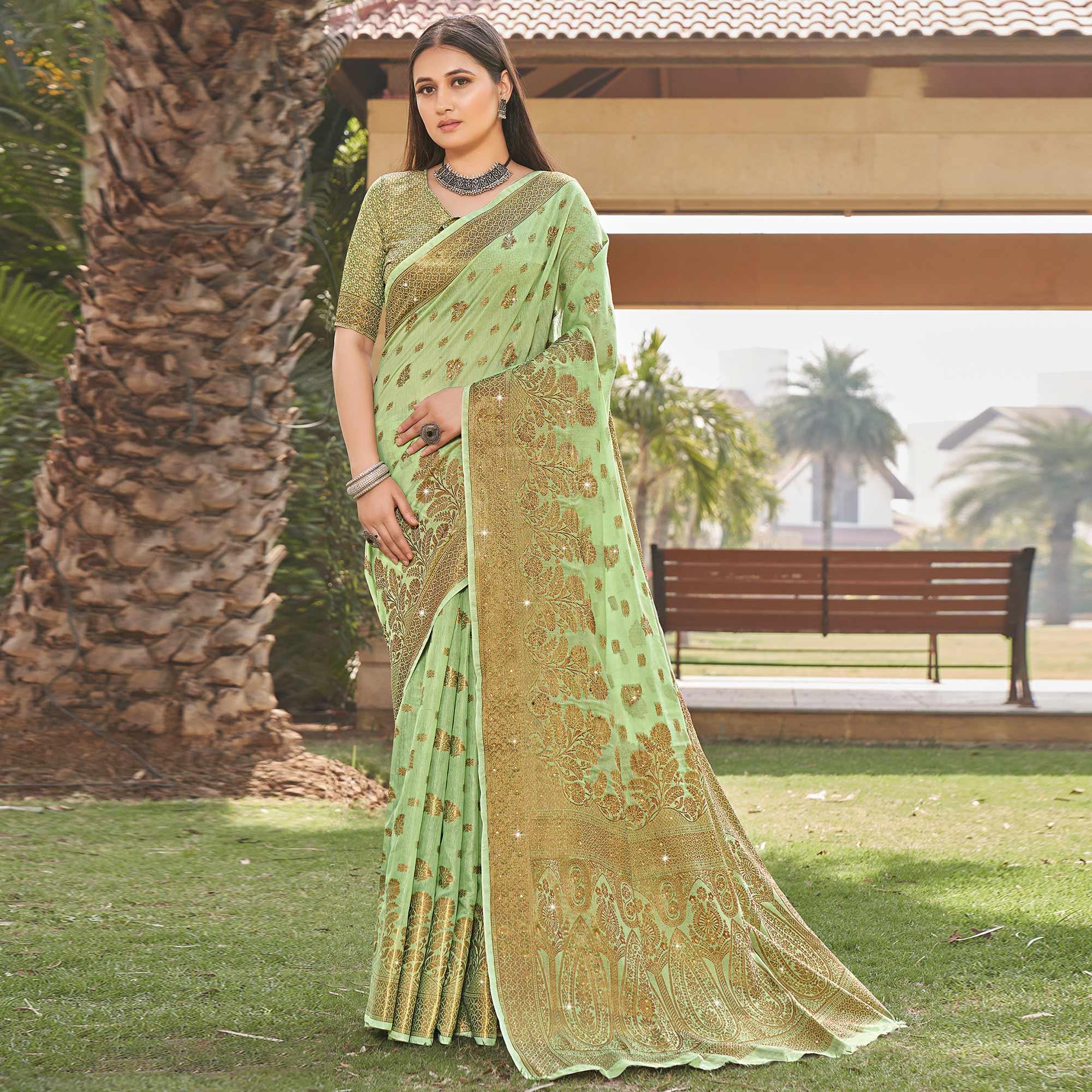 Pista Green Festive Wear Woven-Embellished Cotton Saree - Peachmode