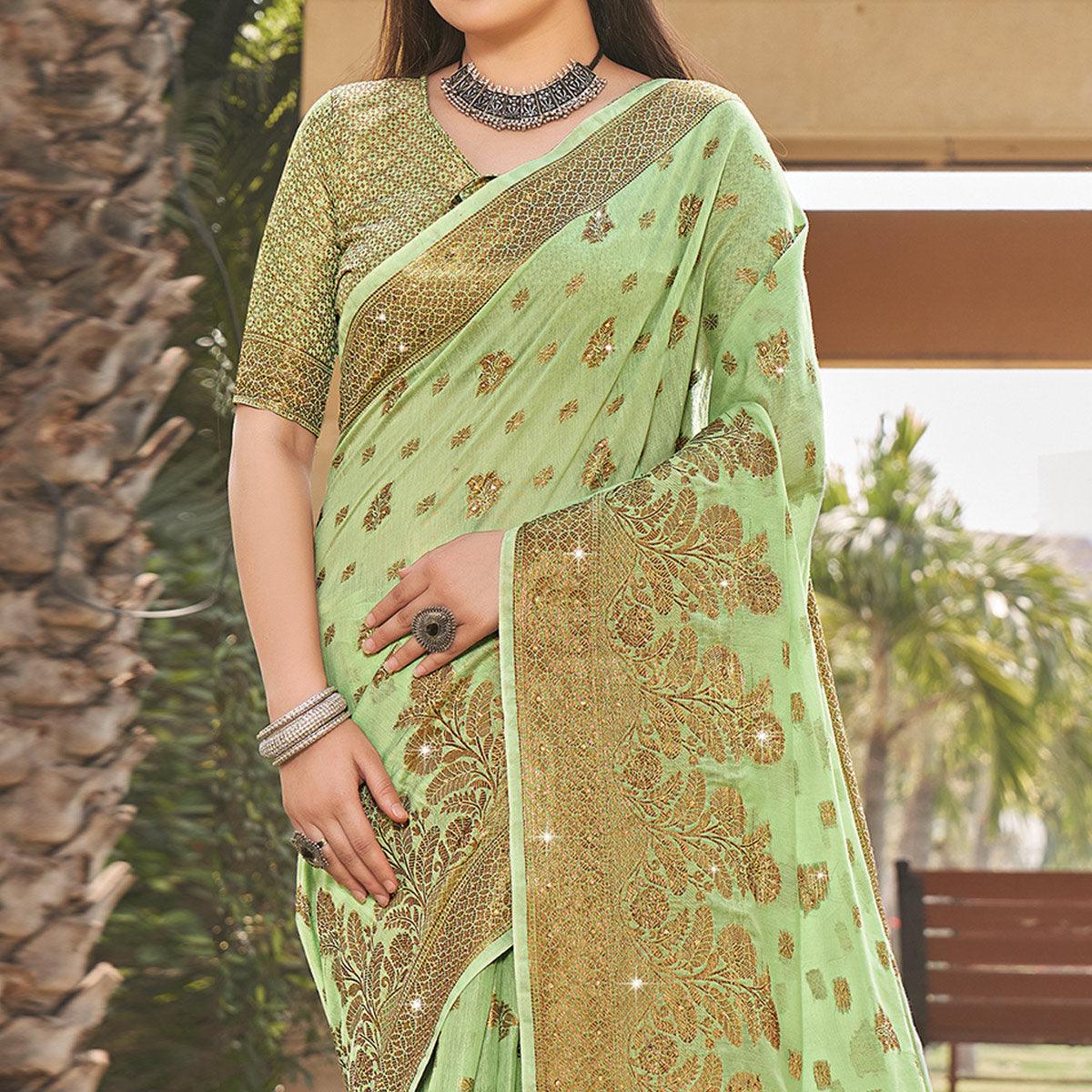 Pista Green Festive Wear Woven-Embellished Cotton Saree - Peachmode