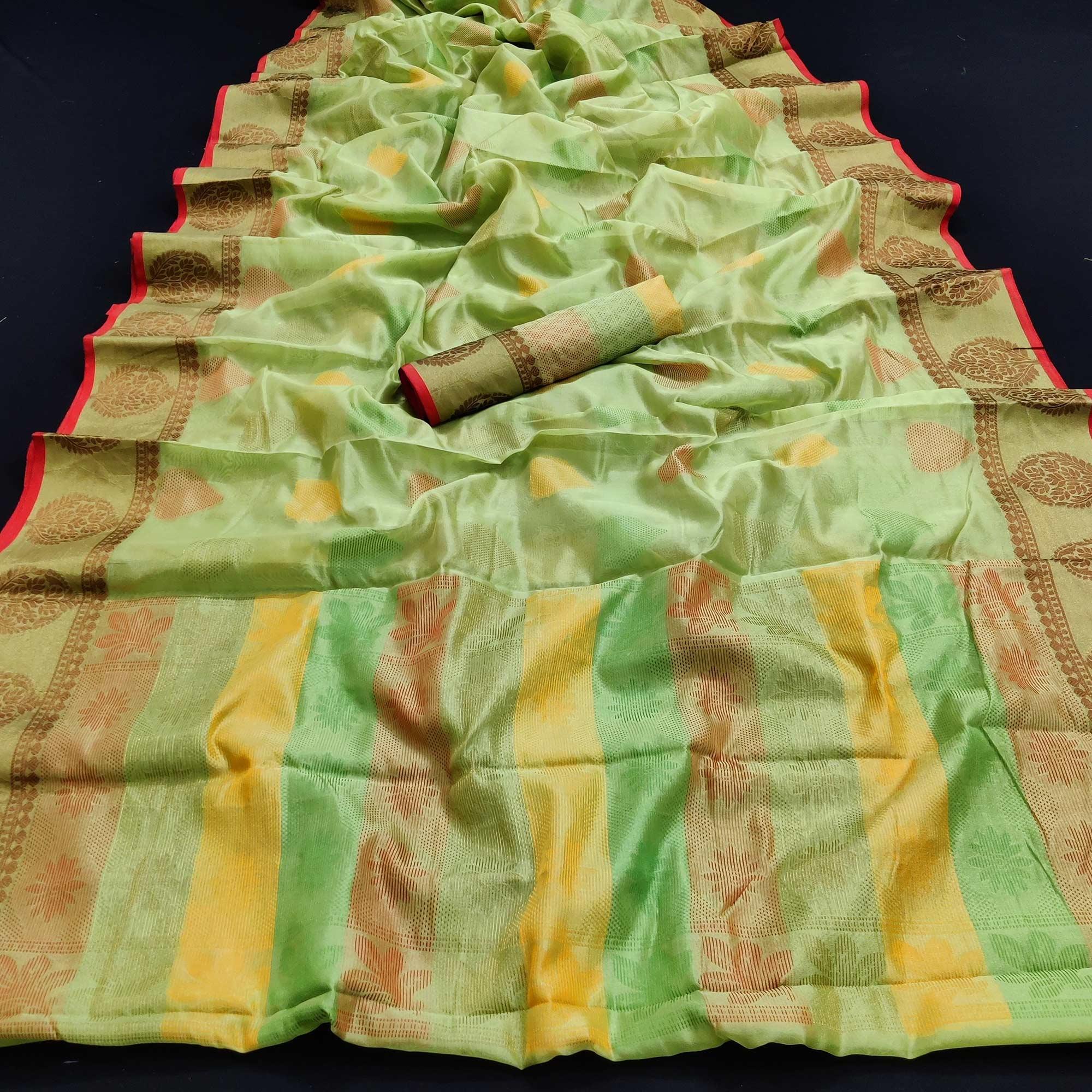 Pista Green Festive Wear Woven Silk Saree - Peachmode