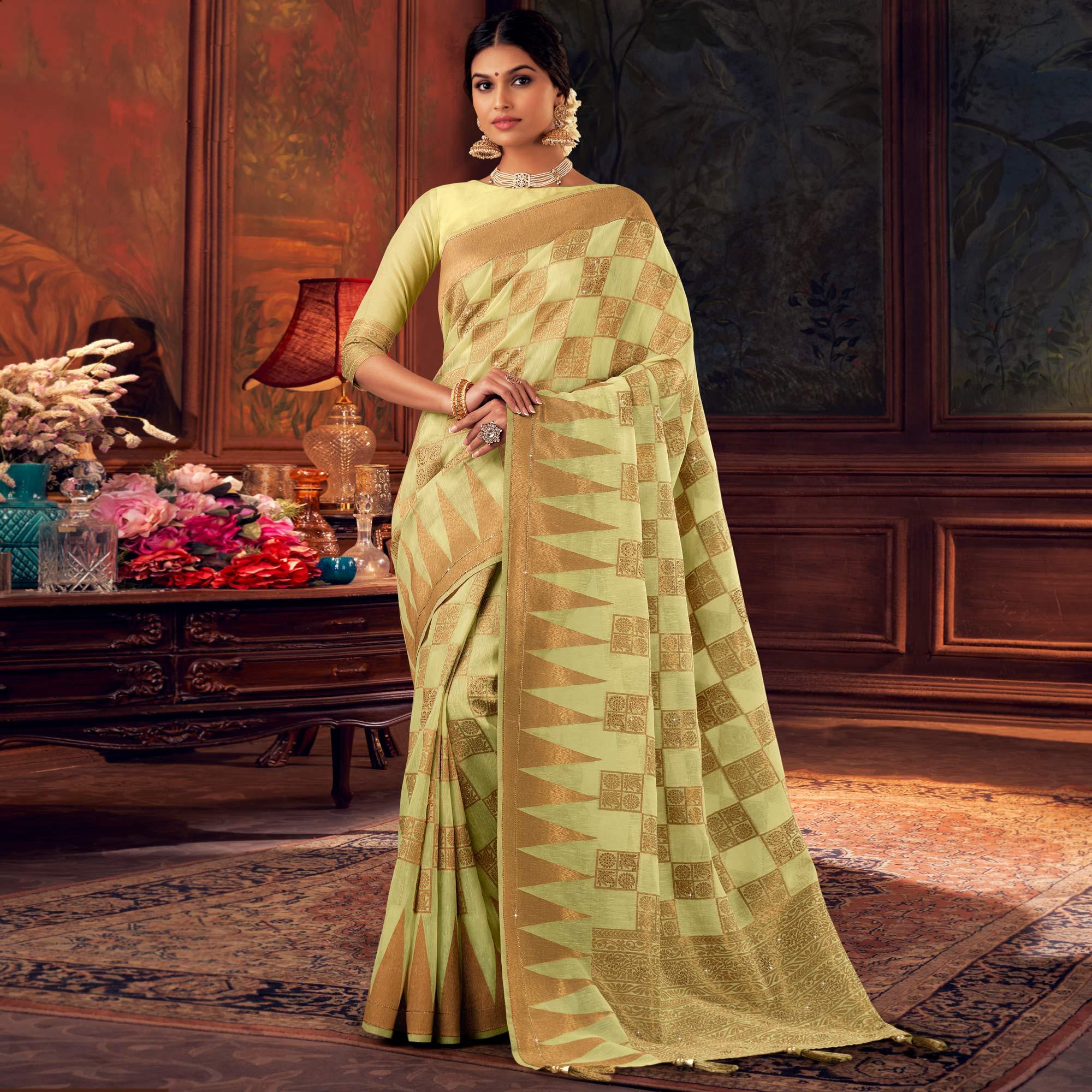 Pista Green Festive Wear Woven Silk Saree - Peachmode