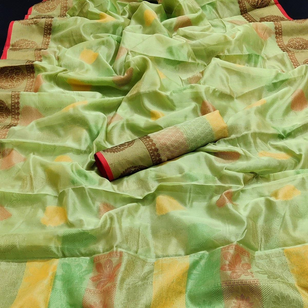 Pista Green Festive Wear Woven Silk Saree - Peachmode