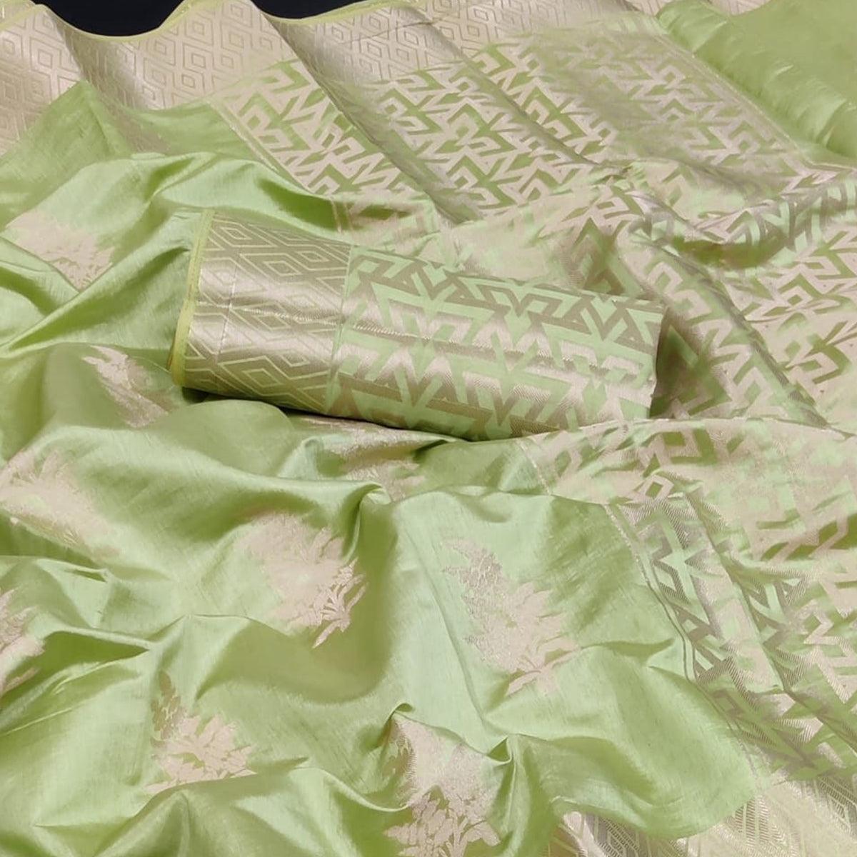 Pista Green Festive Wear Woven Silk Saree With Butta Rich Pallu - Peachmode