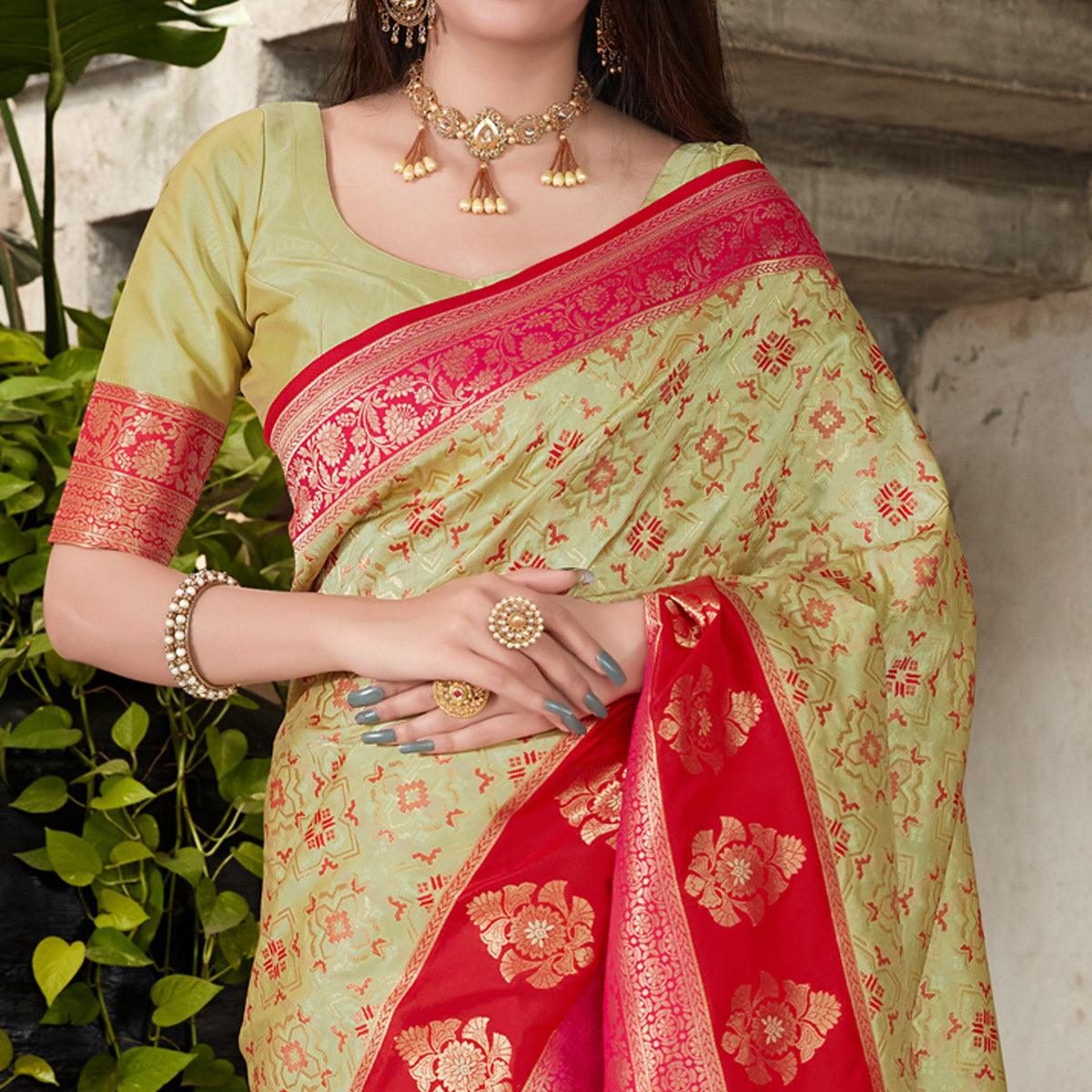 Pista Green Festive Wear Woven Soft Banarasi Silk Saree - Peachmode