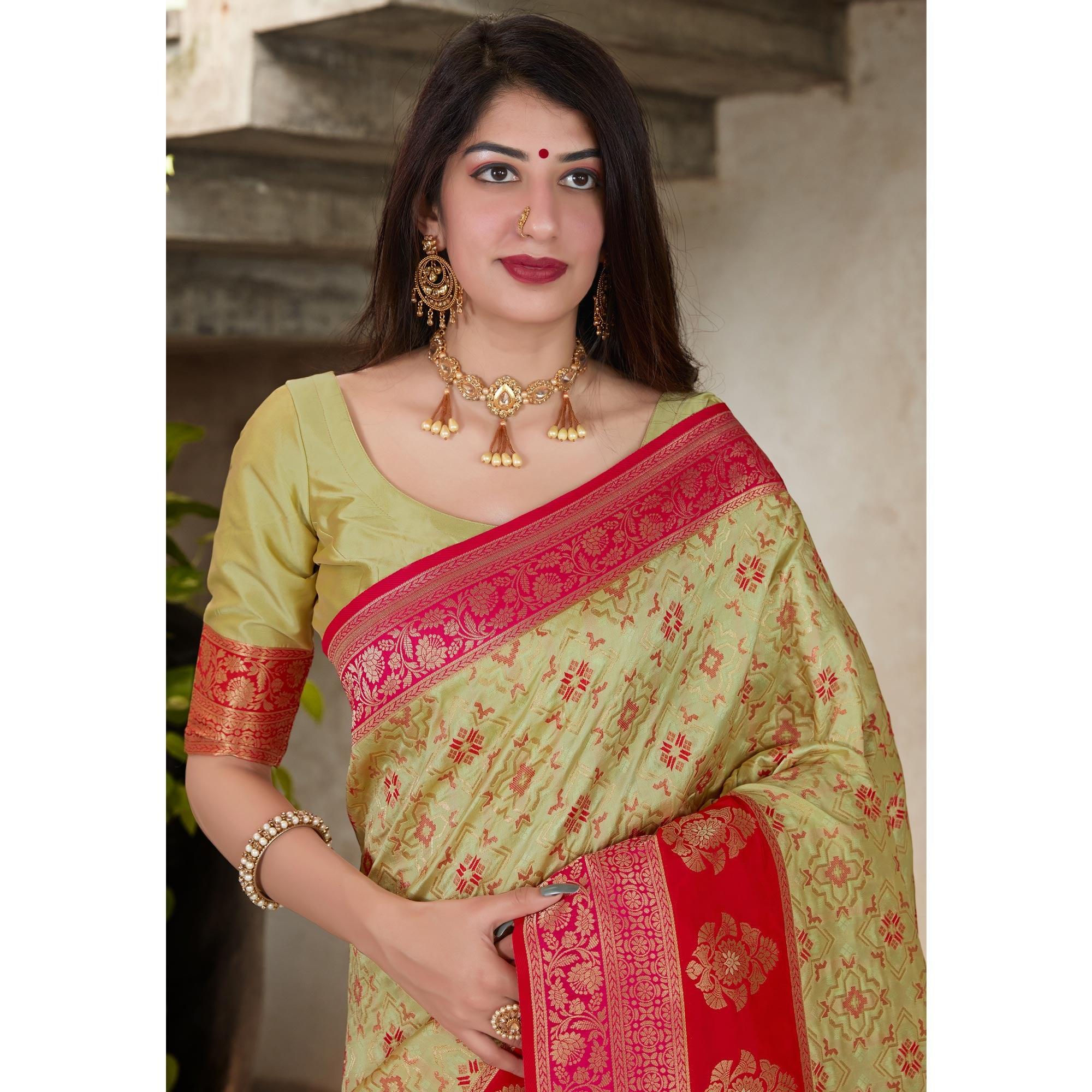 Pista Green Festive Wear Woven Soft Banarasi Silk Saree - Peachmode