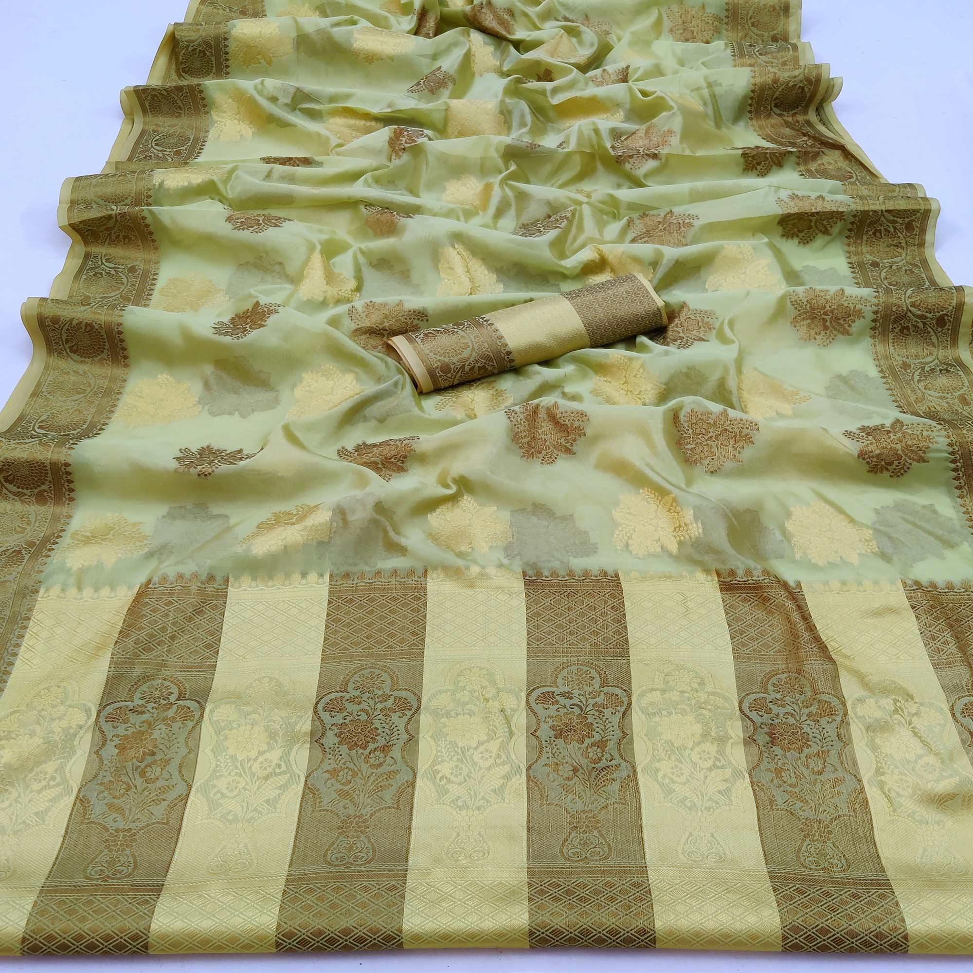 Pista Green Festive Wear Woven Soft Organza Saree - Peachmode