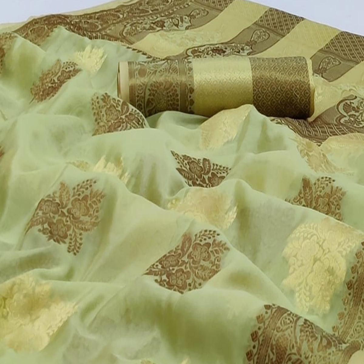 Pista Green Festive Wear Woven Soft Organza Saree - Peachmode