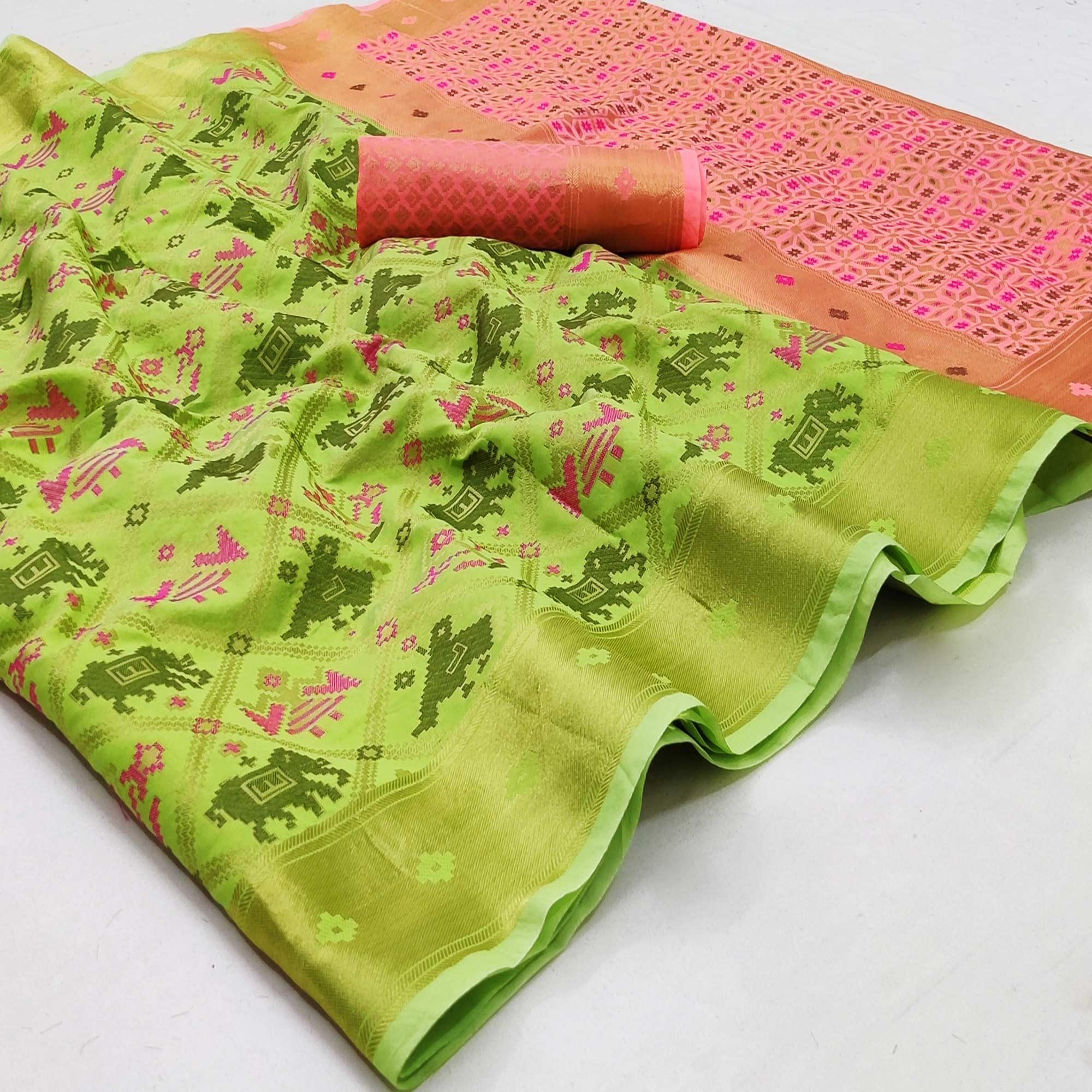 Pista Green Festive Wear Woven Soft Silk Saree - Peachmode