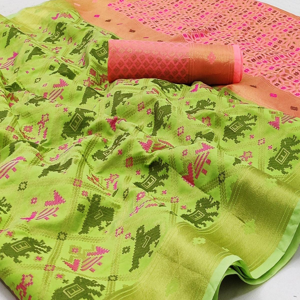 Pista Green Festive Wear Woven Soft Silk Saree - Peachmode