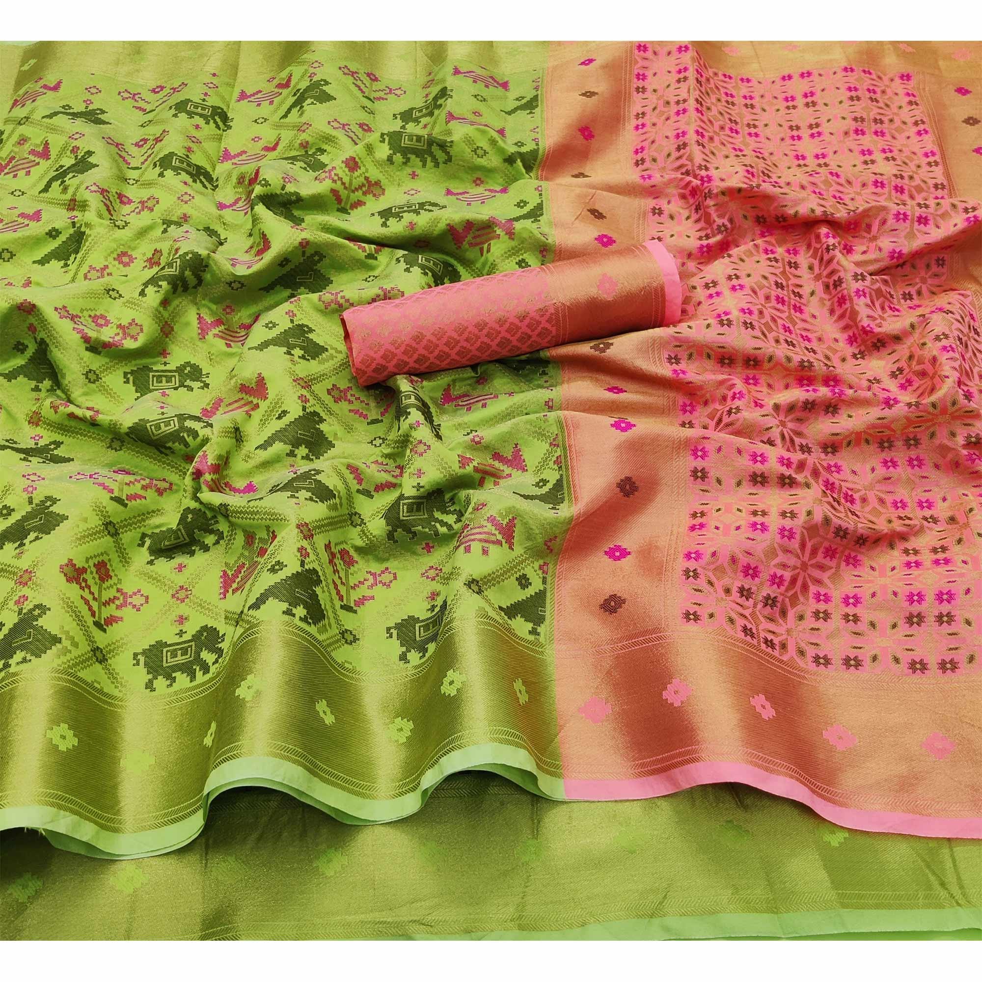 Pista Green Festive Wear Woven Soft Silk Saree - Peachmode
