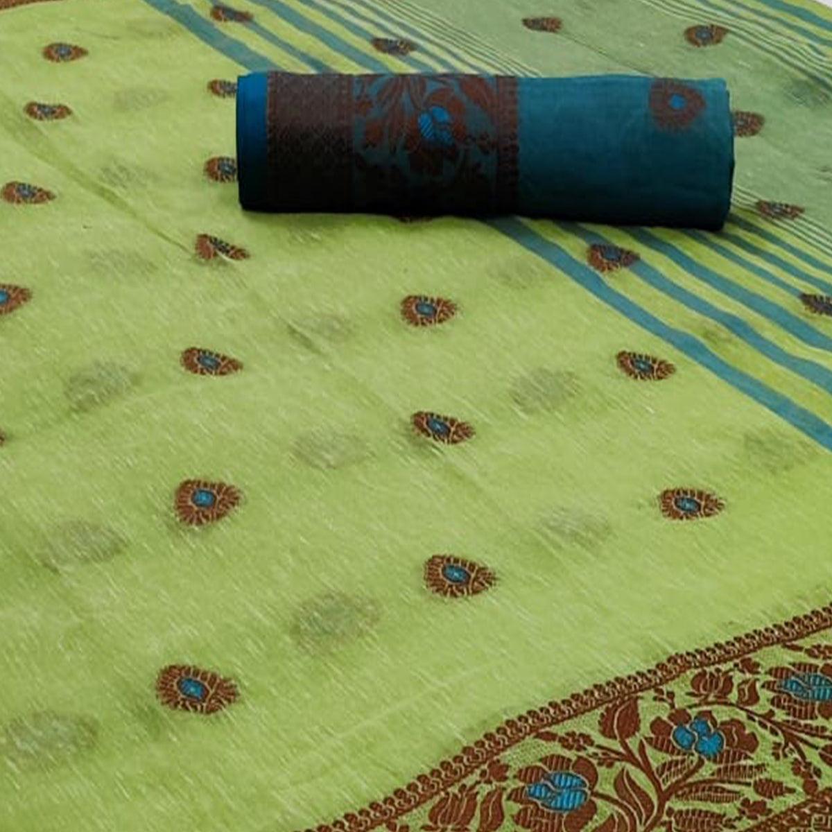 Pista Green Festive Wear Zari Butta Woven Heavy Linen Saree - Peachmode