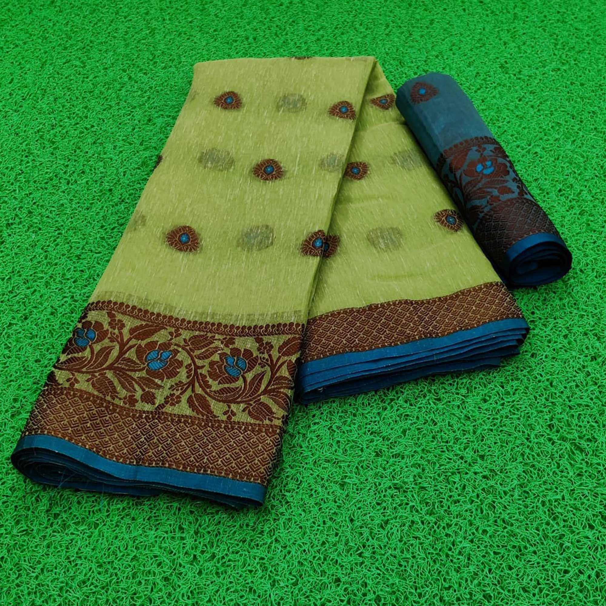 Pista Green Festive Wear Zari Butta Woven Heavy Linen Saree - Peachmode