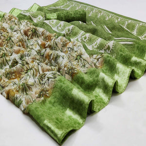 Pista Green Floral Digital Printed Linen Saree - Peachmode