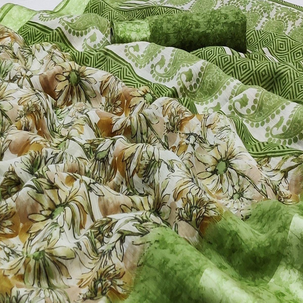 Pista Green Floral Digital Printed Linen Saree - Peachmode