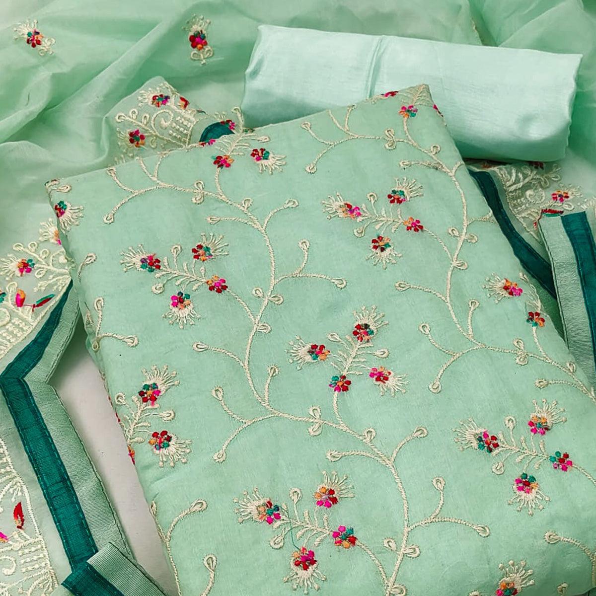 Pista Green Floral Embroidered Chanderi Dress Material - Peachmode