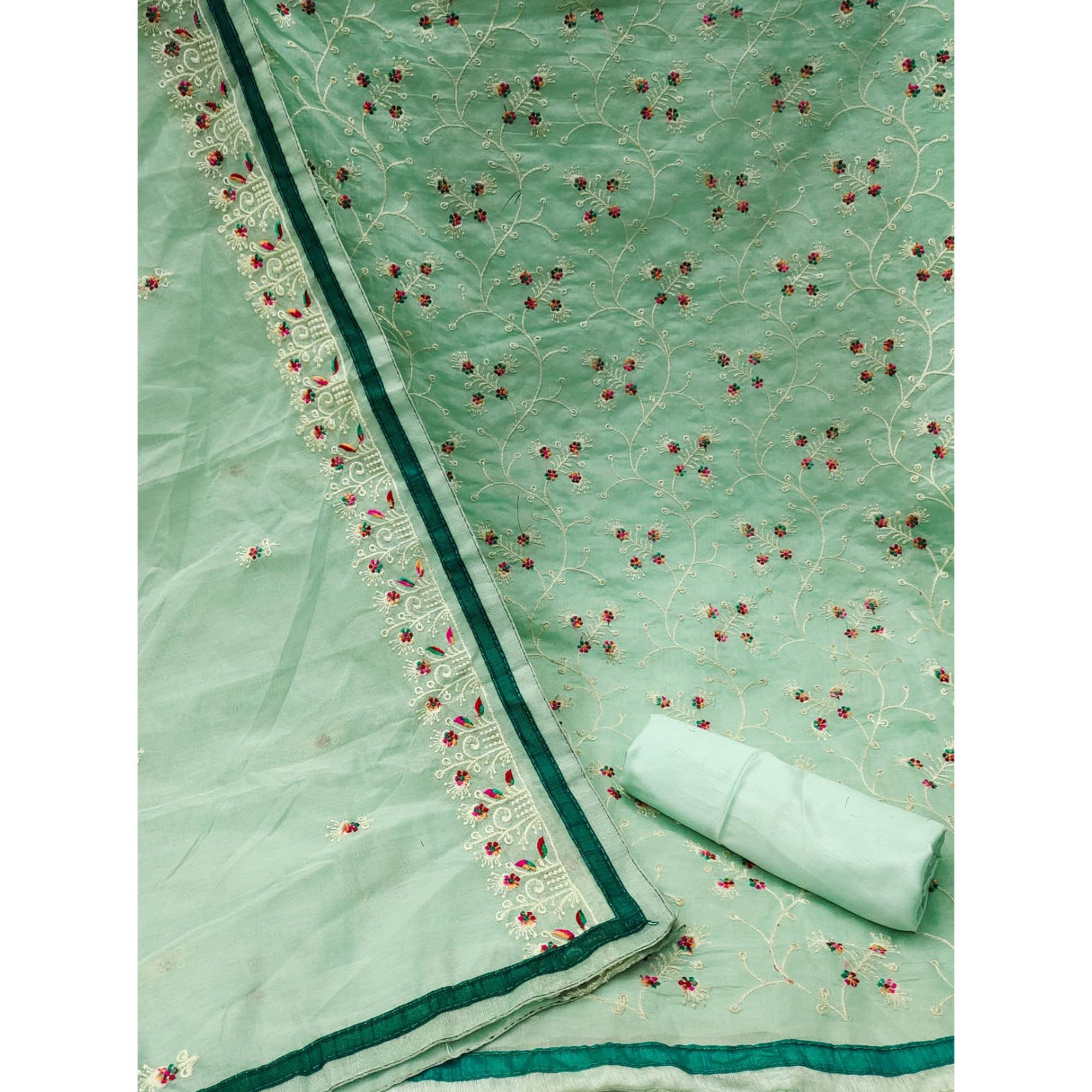 Pista Green Floral Embroidered Chanderi Dress Material - Peachmode