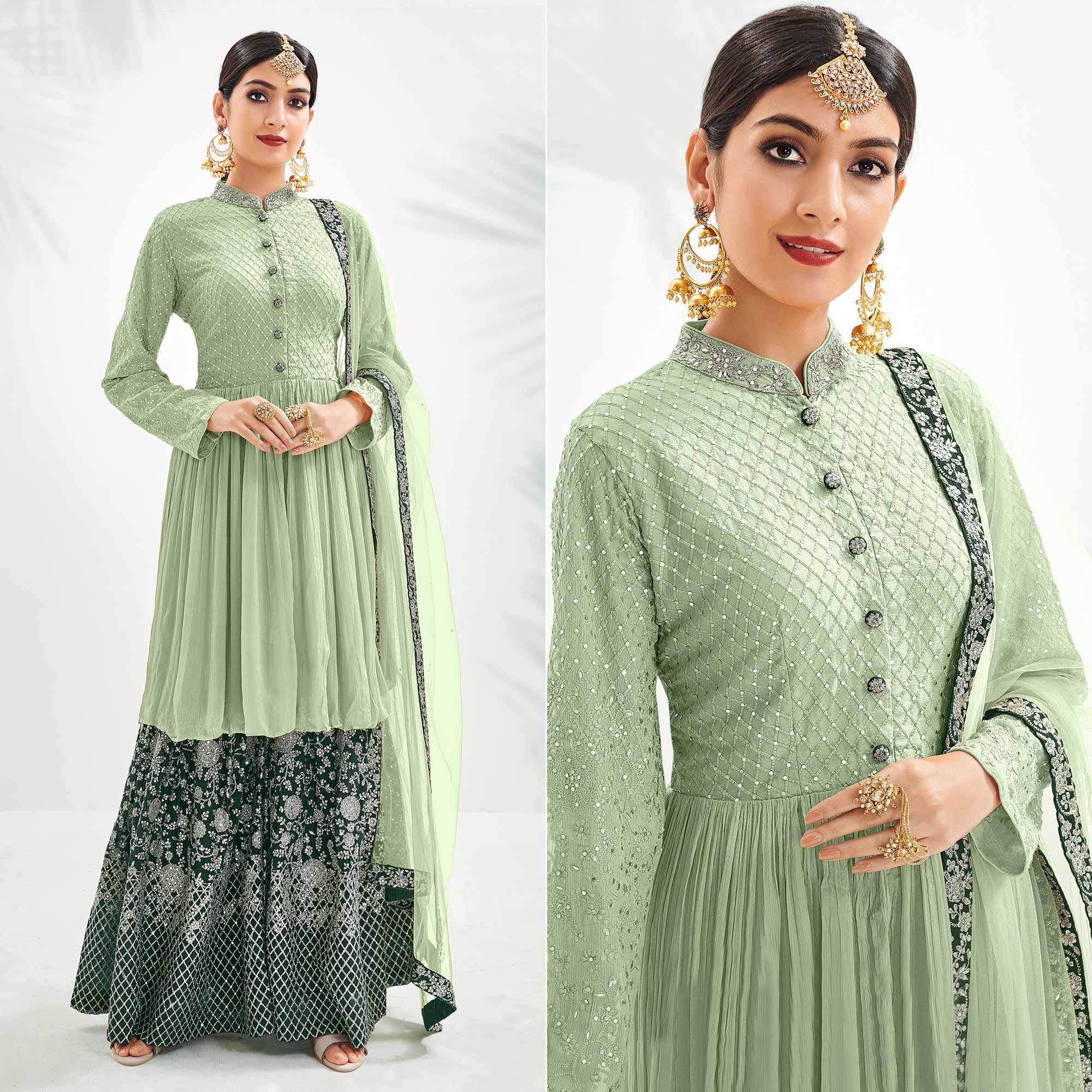 Pista Green Floral Embroidered Chiffon Palazzo Suit - Peachmode