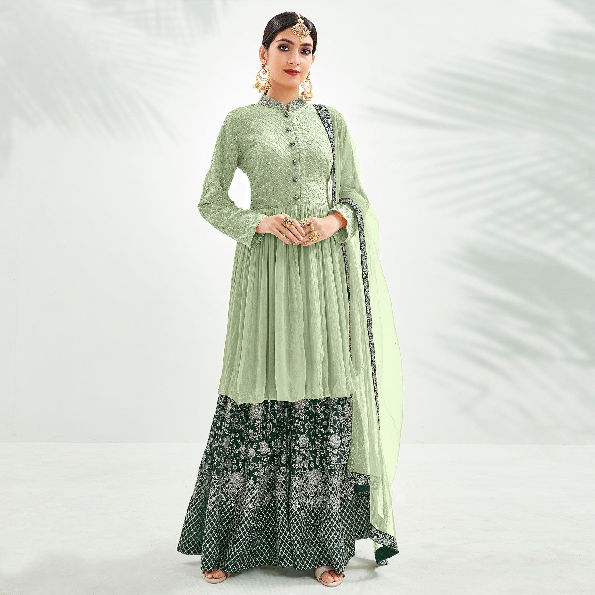 Pista Green Floral Embroidered Chiffon Palazzo Suit - Peachmode